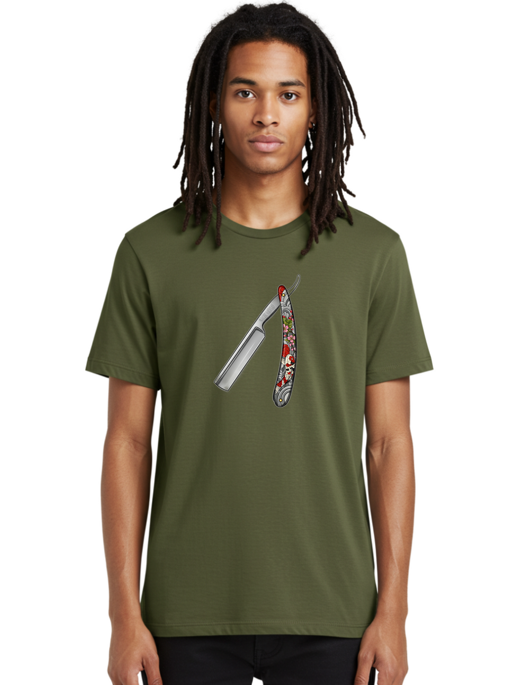 Straight-Razor-3 Men'S Graphic Tee, 100% Cotton, Comfortable Casual Summer Wear, Machine Washable, Straight Razor, Shaving Tool, Traditional Grooming, Floral Design, Vintage Style, Metal Blade, Ornate Handle, Grooming Essentials, Bad729