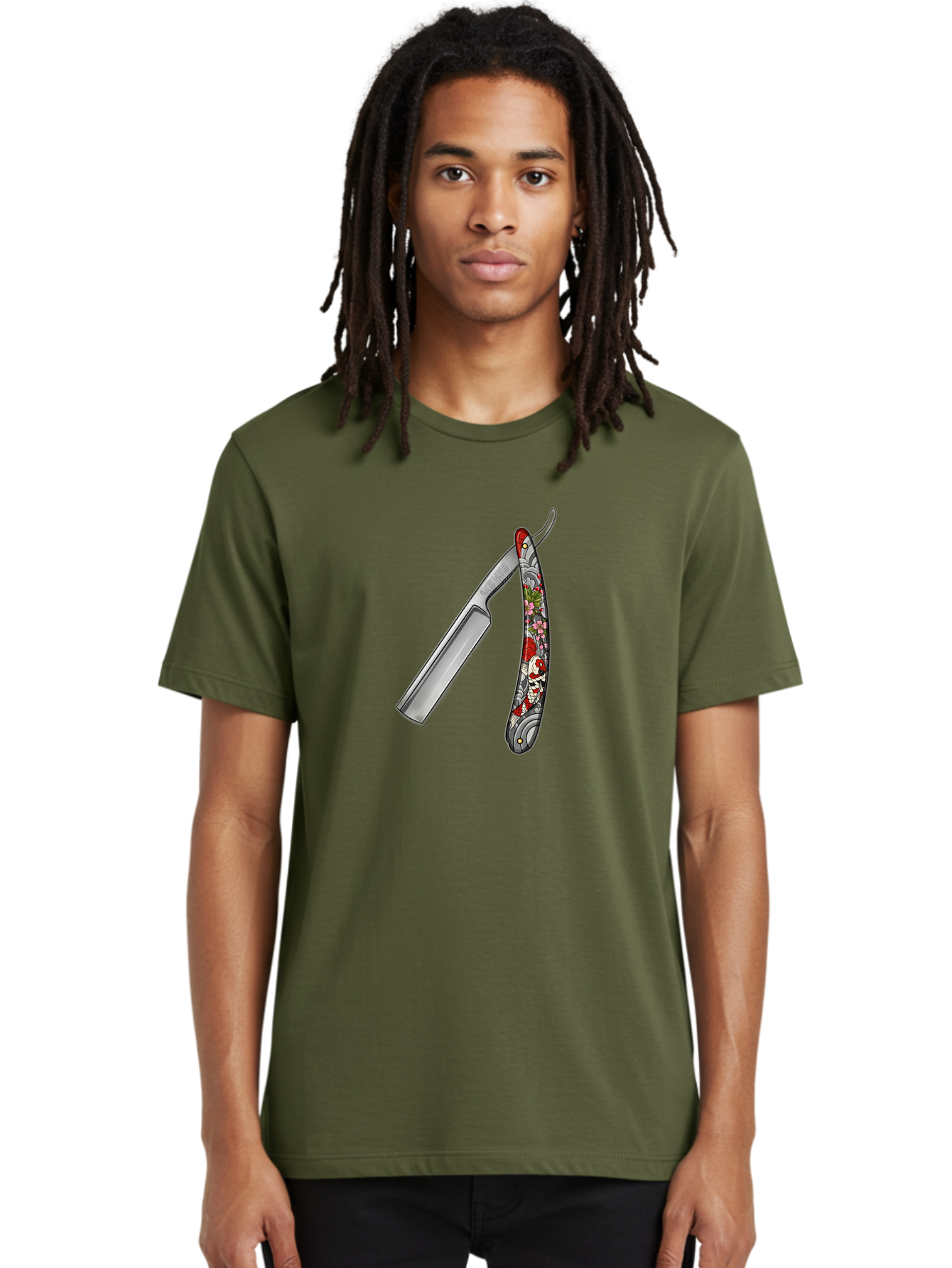 Straight-Razor-3 Men'S Graphic Tee, 100% Cotton, Comfortable Casual Summer Wear, Machine Washable, Straight Razor, Shaving Tool, Traditional Grooming, Floral Design, Vintage Style, Metal Blade, Ornate Handle, Grooming Essentials, Bad729