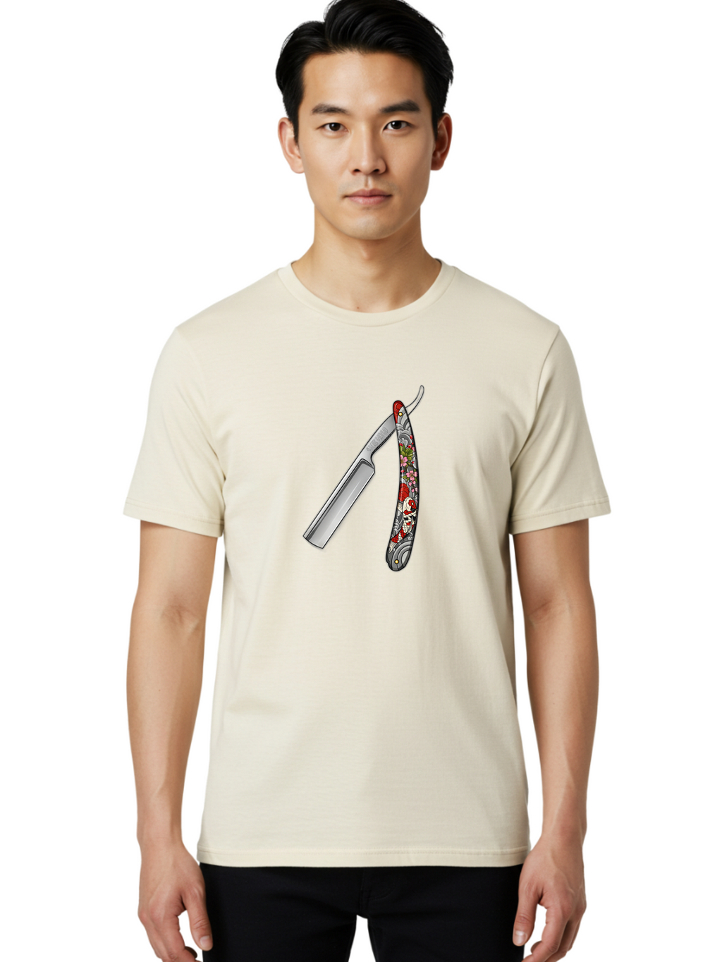 Straight-Razor-3 Men'S Graphic Tee, 100% Cotton, Comfortable Casual Summer Wear, Machine Washable, Straight Razor, Shaving Tool, Traditional Grooming, Floral Design, Vintage Style, Metal Blade, Ornate Handle, Grooming Essentials, Bad729