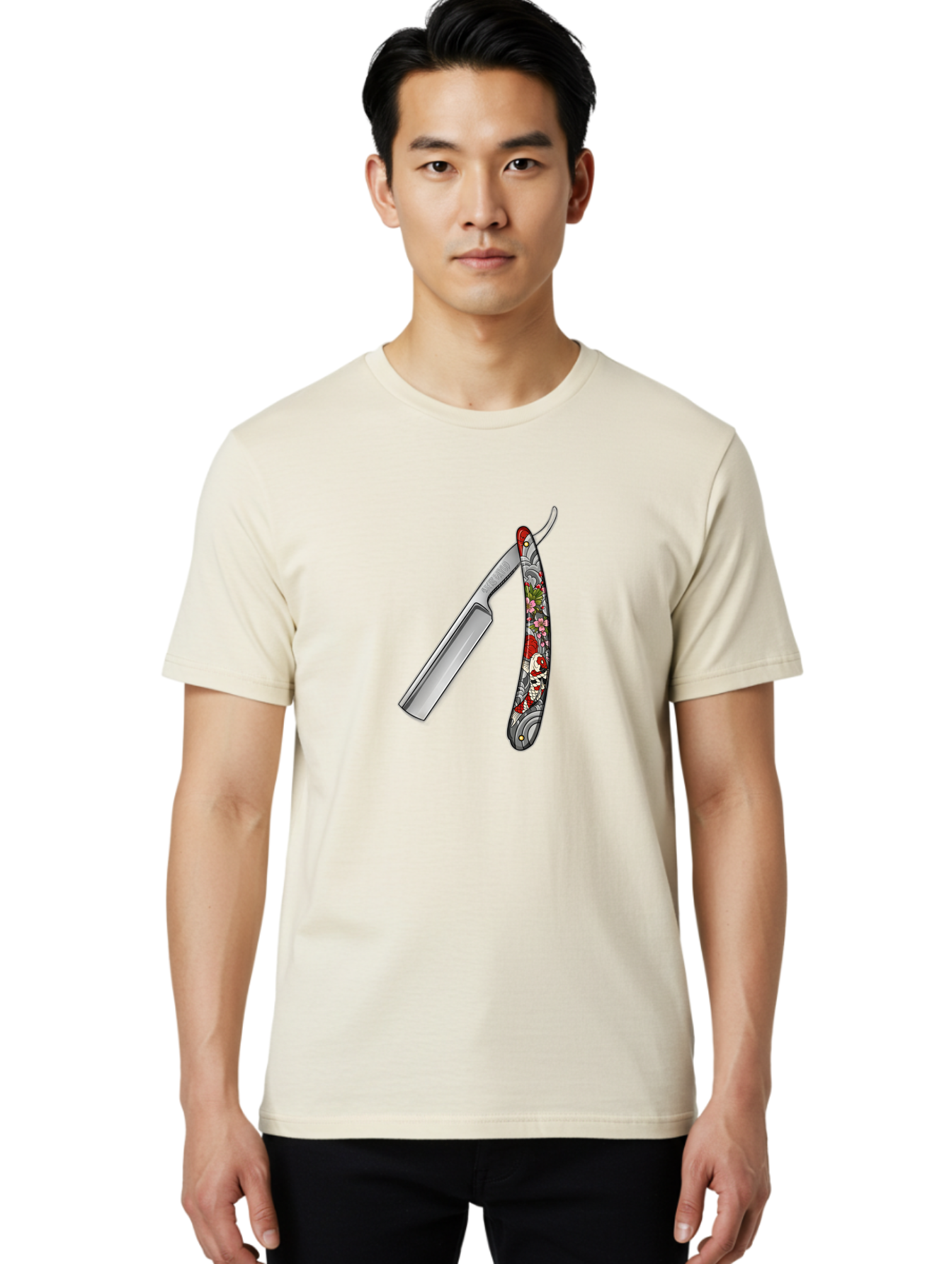 Straight-Razor-3 Men'S Graphic Tee, 100% Cotton, Comfortable Casual Summer Wear, Machine Washable, Straight Razor, Shaving Tool, Traditional Grooming, Floral Design, Vintage Style, Metal Blade, Ornate Handle, Grooming Essentials, Bad729