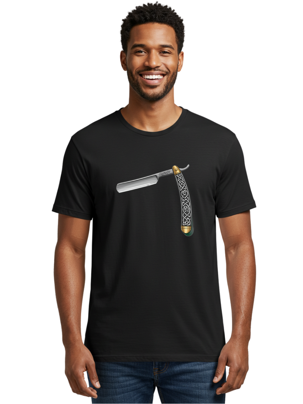 Straight-Razor-5 Men'S Graphic Tee, 100% Cotton, Comfortable Casual Summer Wear, Machine Washable, Cut-Throat Razor, Straight Razor, Vintage Shaving, Traditional Grooming, Antique Design, Intricate Patterns, Razor Blade, Shaving Tools, Bad731