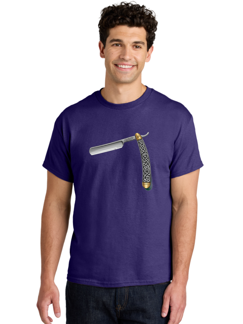 Straight-Razor-5 Men'S Graphic Tee, 100% Cotton, Comfortable Casual Summer Wear, Machine Washable, Cut-Throat Razor, Straight Razor, Vintage Shaving, Traditional Grooming, Antique Design, Intricate Patterns, Razor Blade, Shaving Tools, Bad731