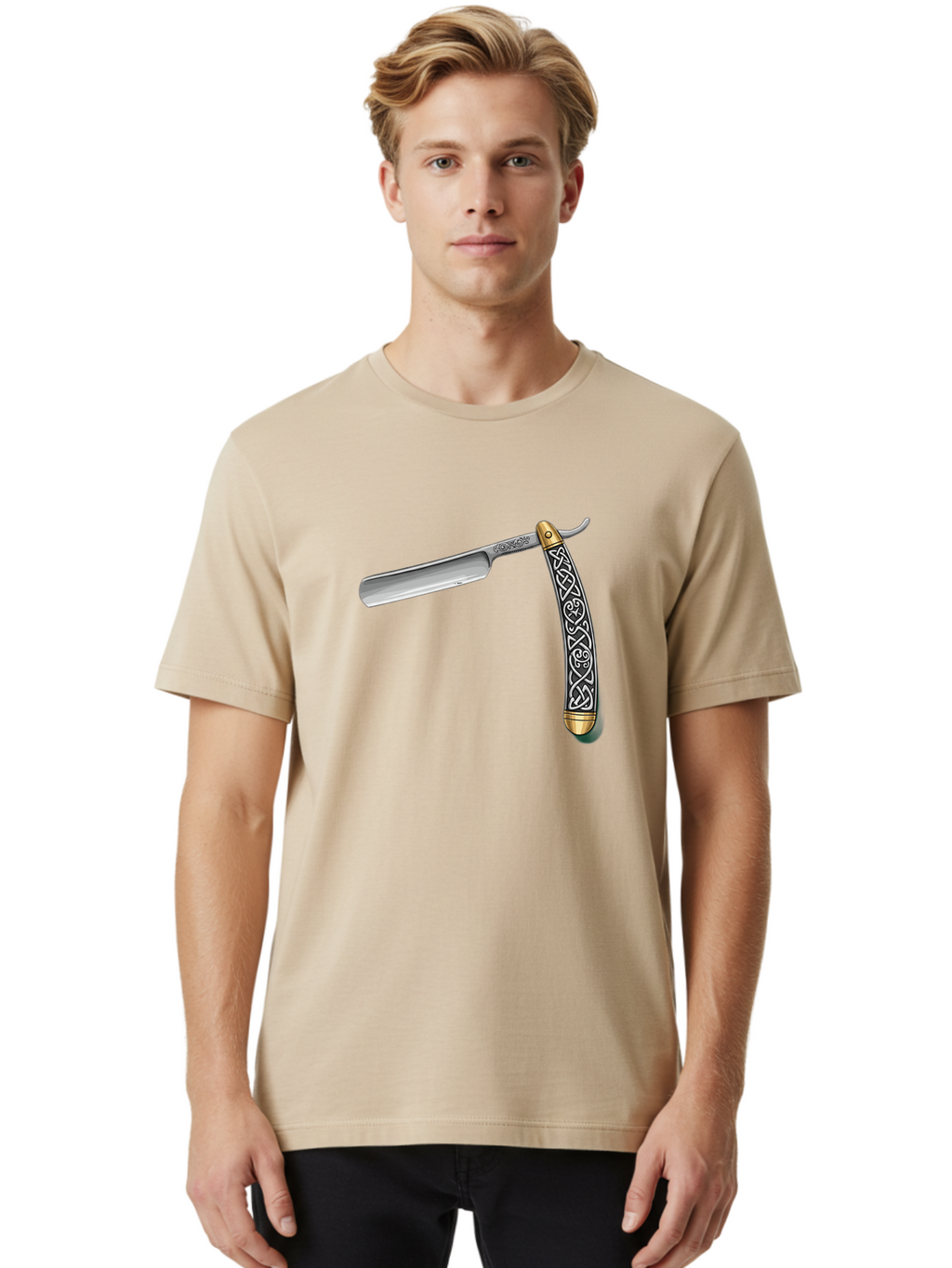 Straight-Razor-5 Men'S Graphic Tee, 100% Cotton, Comfortable Casual Summer Wear, Machine Washable, Cut-Throat Razor, Straight Razor, Vintage Shaving, Traditional Grooming, Antique Design, Intricate Patterns, Razor Blade, Shaving Tools, Bad731