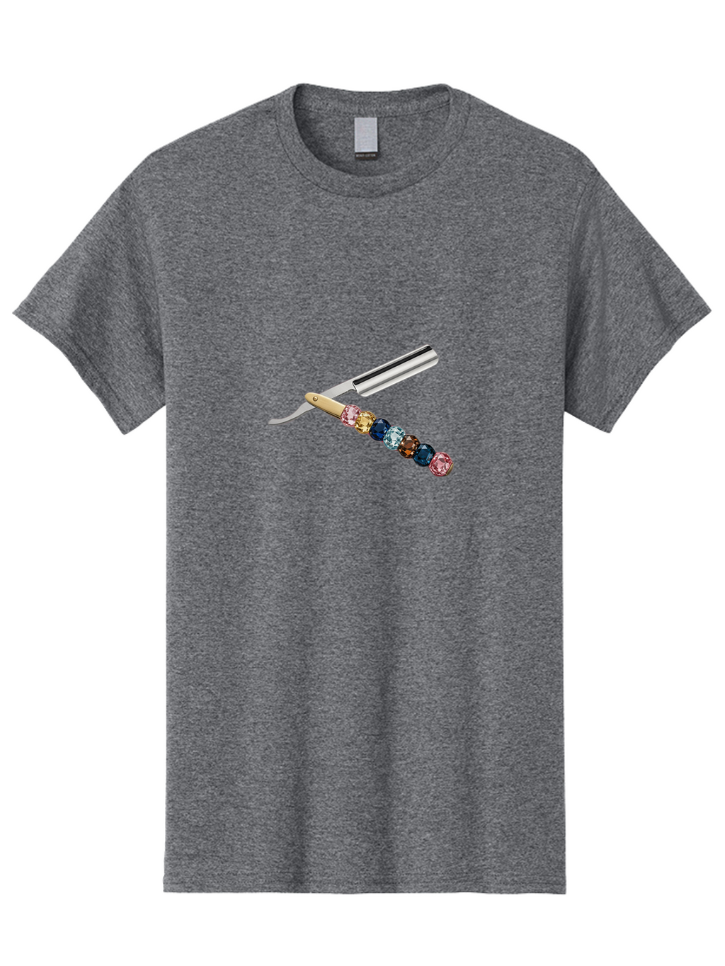Straight-Razor-7 Men'S Graphic Tee, 100% Cotton, Comfortable Casual Summer Wear, Machine Washable, Straight Razor, Shaving Tool, Sharp Blade, Metallic Finish, Rhinestone Handle, Multi-Colored Gems, Luxurious Grooming, Vintage Shaving, Bad733