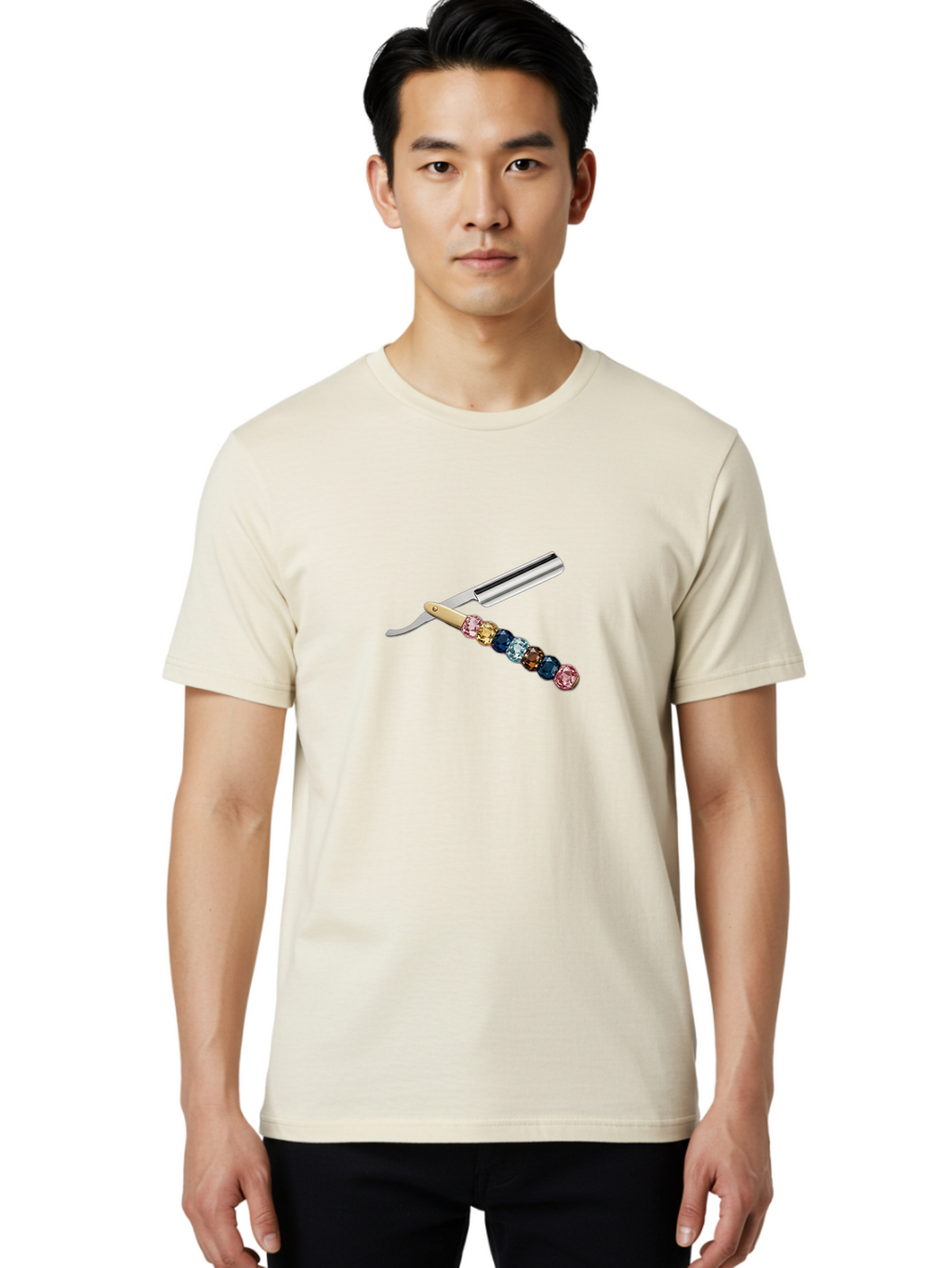 Straight-Razor-7 Men'S Graphic Tee, 100% Cotton, Comfortable Casual Summer Wear, Machine Washable, Straight Razor, Shaving Tool, Sharp Blade, Metallic Finish, Rhinestone Handle, Multi-Colored Gems, Luxurious Grooming, Vintage Shaving, Bad733