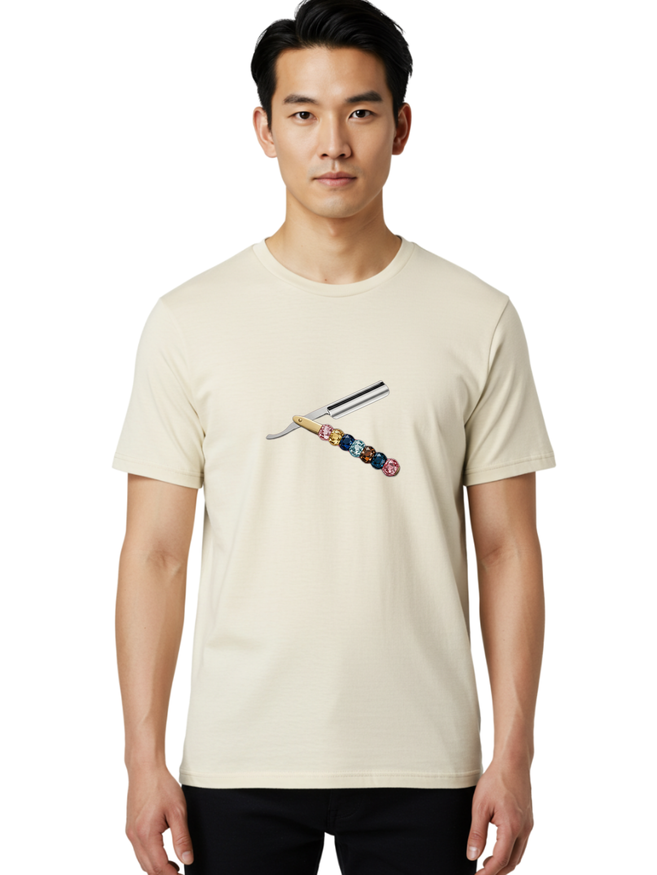 Straight-Razor-7 Men'S Graphic Tee, 100% Cotton, Comfortable Casual Summer Wear, Machine Washable, Straight Razor, Shaving Tool, Sharp Blade, Metallic Finish, Rhinestone Handle, Multi-Colored Gems, Luxurious Grooming, Vintage Shaving, Bad733