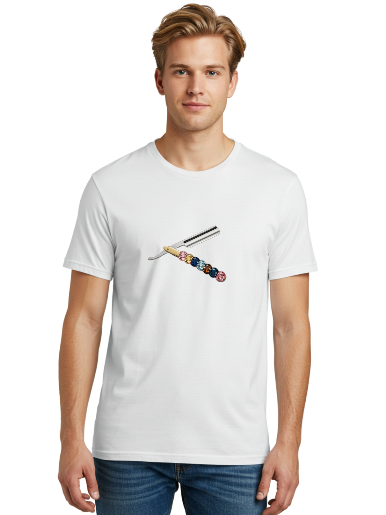 Straight-Razor-7 Men'S Graphic Tee, 100% Cotton, Comfortable Casual Summer Wear, Machine Washable, Straight Razor, Shaving Tool, Sharp Blade, Metallic Finish, Rhinestone Handle, Multi-Colored Gems, Luxurious Grooming, Vintage Shaving, Bad733