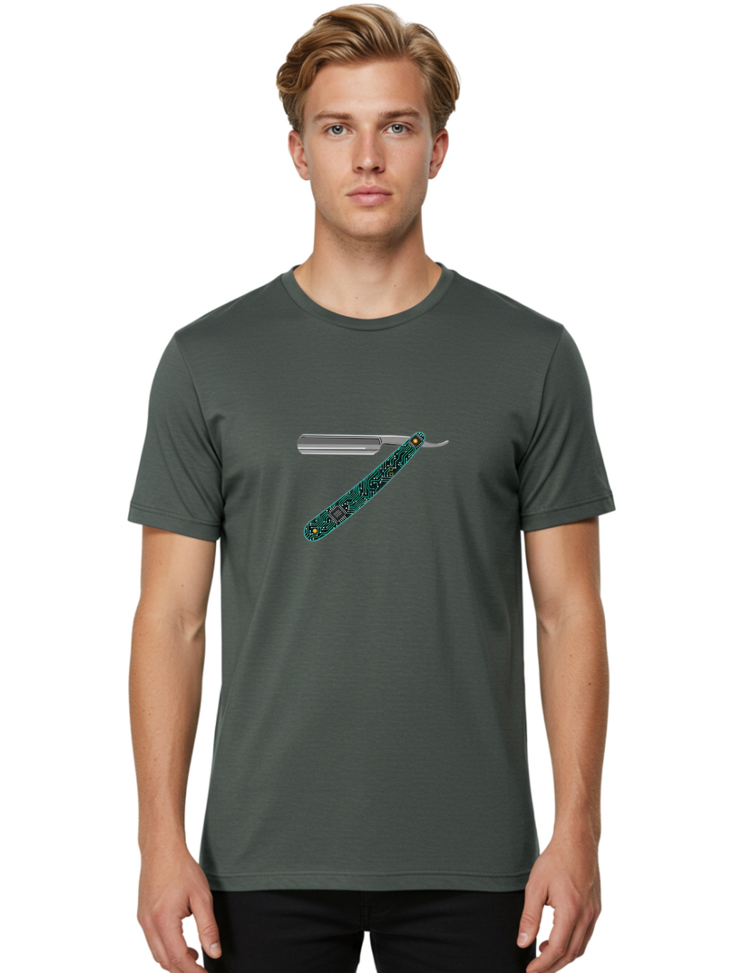 Straight-Razor-8 Men'S Graphic Tee, 100% Cotton, Comfortable Casual Summer Wear, Machine Washable, Straight Razor, Circuit Board Design, Silver Razor, Tech Meets Tradition, Precision Shaving, Modern Twist, Digital Integration, Sleek Metal Bad734