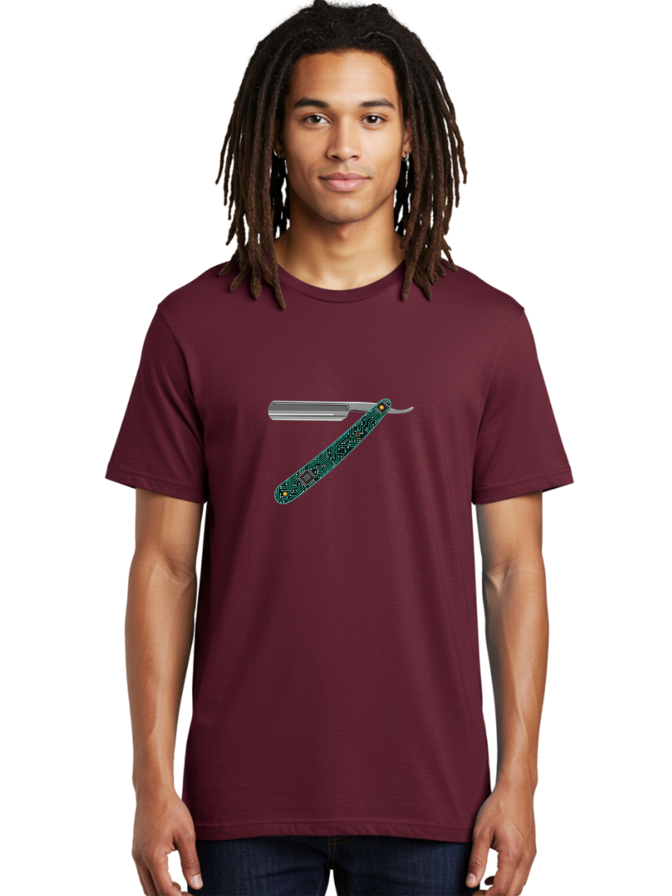 Straight-Razor-8 Men'S Graphic Tee, 100% Cotton, Comfortable Casual Summer Wear, Machine Washable, Straight Razor, Circuit Board Design, Silver Razor, Tech Meets Tradition, Precision Shaving, Modern Twist, Digital Integration, Sleek Metal Bad734