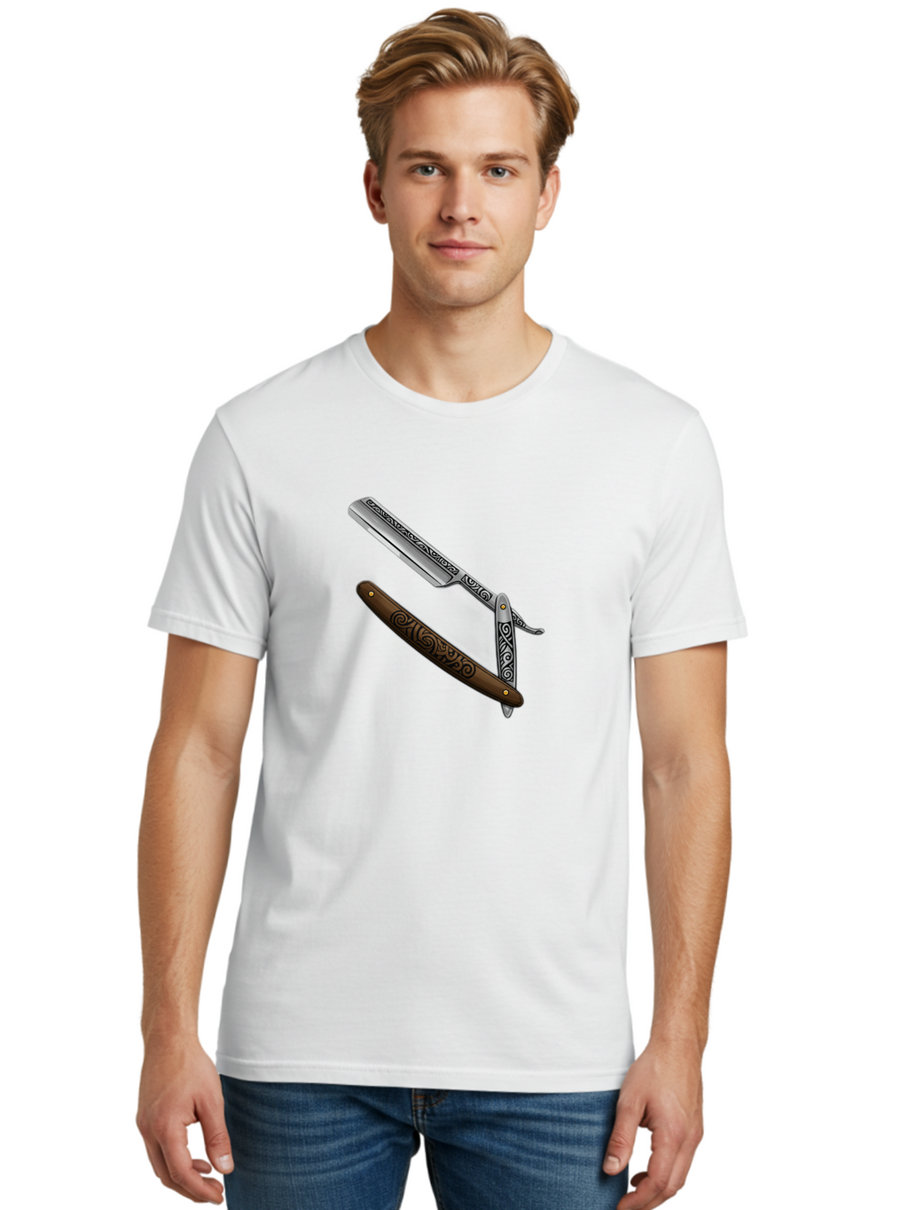Straight-Razor Men'S Graphic Tee, 100% Cotton, Comfortable Casual Summer Wear, Machine Washable, Straight Razor, Shaving Razor, Vintage Grooming, Classic Shaving, Barber Tools, Ornate Design, Traditional Shaving, Men'S Grooming, Antique Razor Bad737
