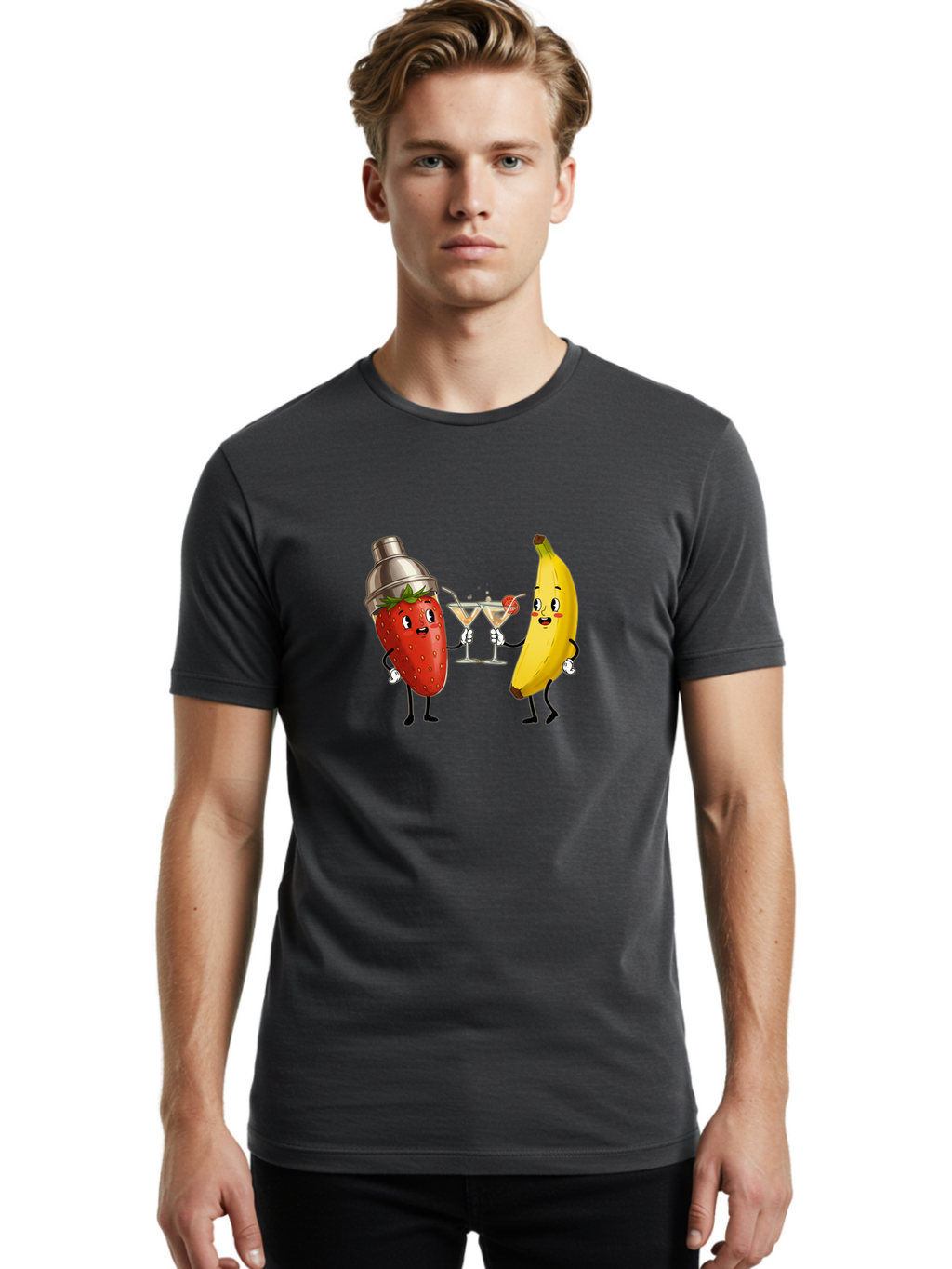 Strawberry-Banana-Cocktail Men'S Graphic Tee, 100% Cotton, Comfortable Casual Summer Wear, Machine Washable, Cartoon Strawberry, Cocktail Shaker, Martini Glasses, Banana Character, Fruit Cocktail, Funny Illustration, Animated Fruit, Bad738