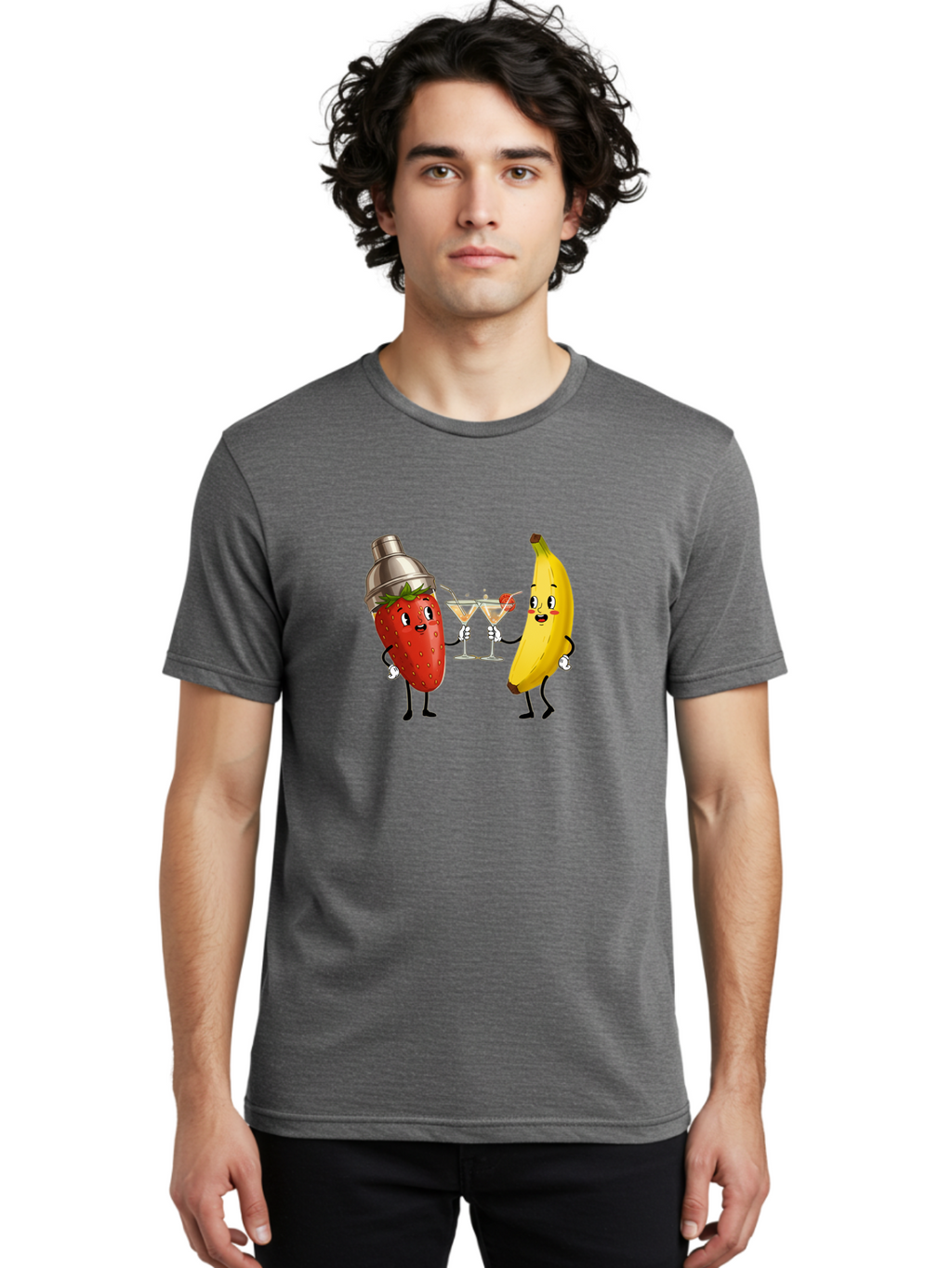 Strawberry-Banana-Cocktail Men'S Graphic Tee, 100% Cotton, Comfortable Casual Summer Wear, Machine Washable, Cartoon Strawberry, Cocktail Shaker, Martini Glasses, Banana Character, Fruit Cocktail, Funny Illustration, Animated Fruit, Bad738