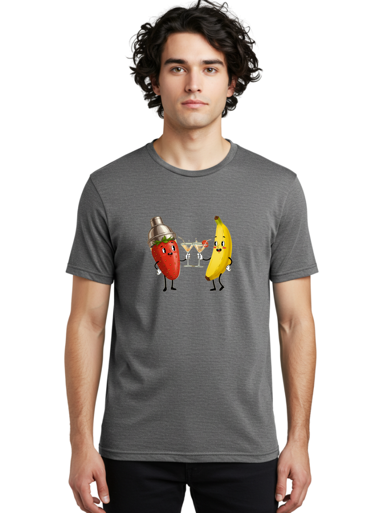 Strawberry-Banana-Cocktail Men'S Graphic Tee, 100% Cotton, Comfortable Casual Summer Wear, Machine Washable, Cartoon Strawberry, Cocktail Shaker, Martini Glasses, Banana Character, Fruit Cocktail, Funny Illustration, Animated Fruit, Bad738