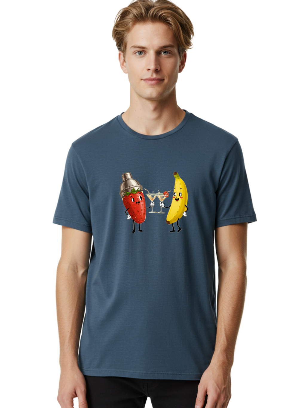 Strawberry-Banana-Cocktail Men'S Graphic Tee, 100% Cotton, Comfortable Casual Summer Wear, Machine Washable, Cartoon Strawberry, Cocktail Shaker, Martini Glasses, Banana Character, Fruit Cocktail, Funny Illustration, Animated Fruit, Bad738