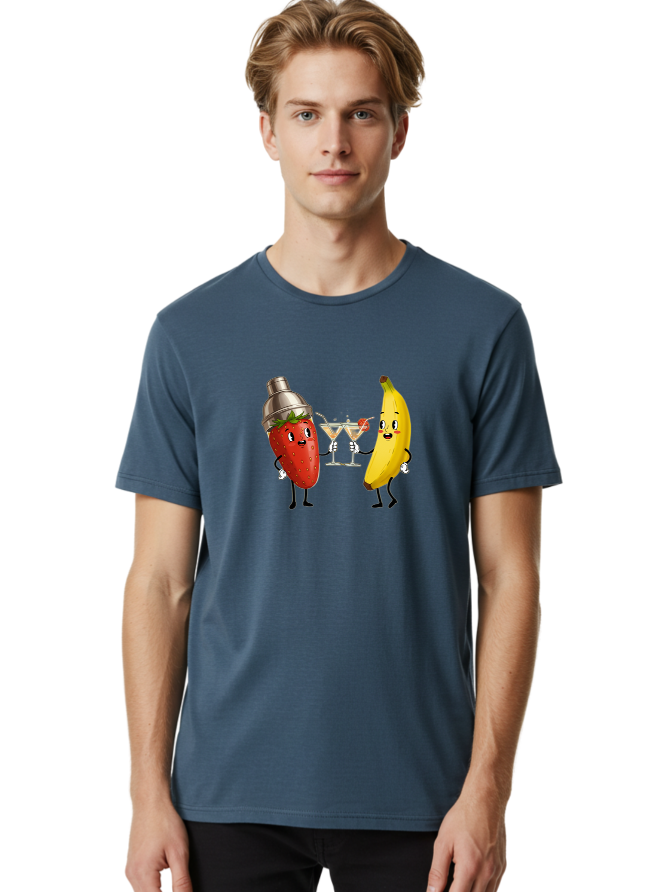 Strawberry-Banana-Cocktail Men'S Graphic Tee, 100% Cotton, Comfortable Casual Summer Wear, Machine Washable, Cartoon Strawberry, Cocktail Shaker, Martini Glasses, Banana Character, Fruit Cocktail, Funny Illustration, Animated Fruit, Bad738