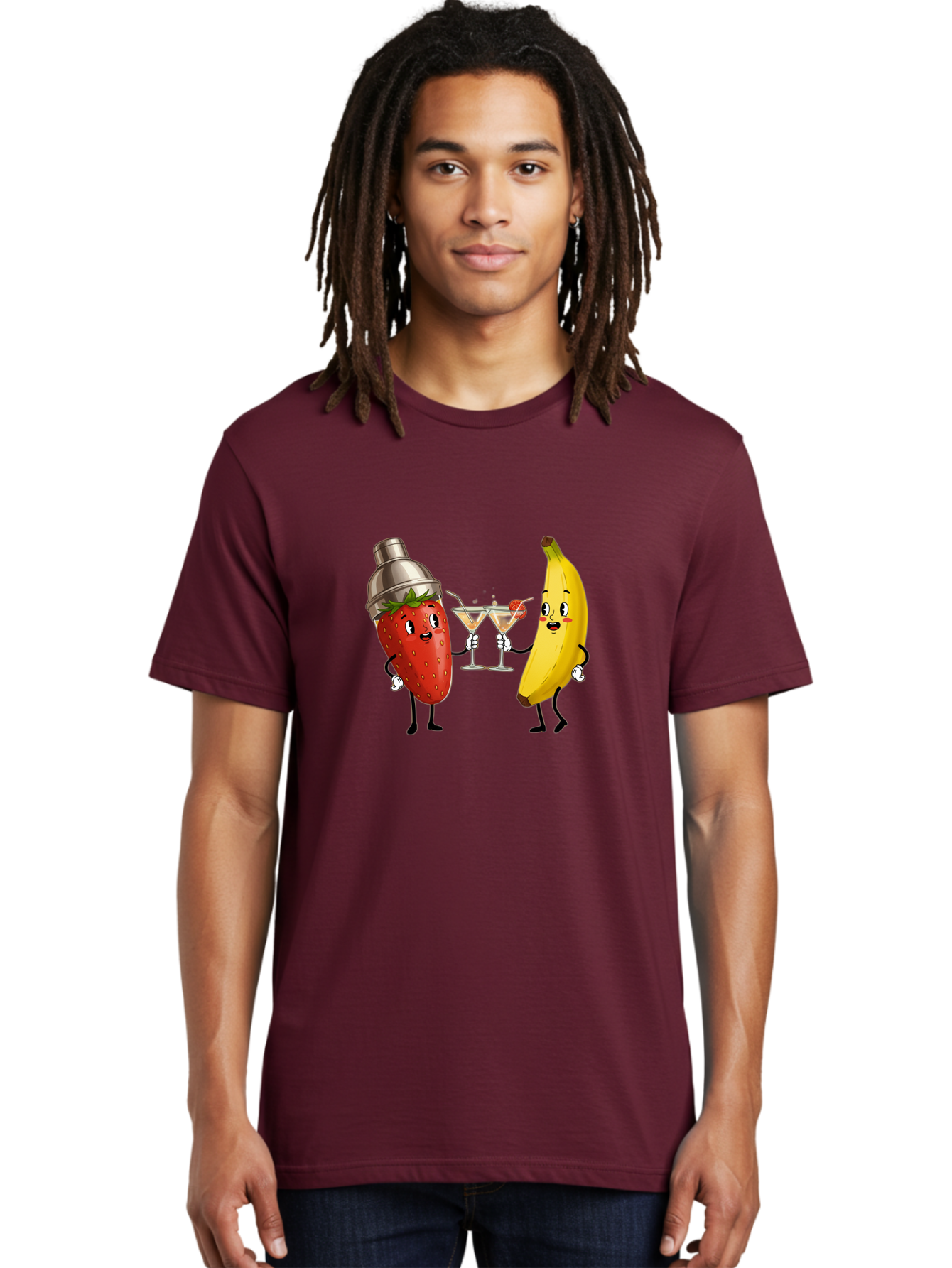 Strawberry-Banana-Cocktail Men'S Graphic Tee, 100% Cotton, Comfortable Casual Summer Wear, Machine Washable, Cartoon Strawberry, Cocktail Shaker, Martini Glasses, Banana Character, Fruit Cocktail, Funny Illustration, Animated Fruit, Bad738