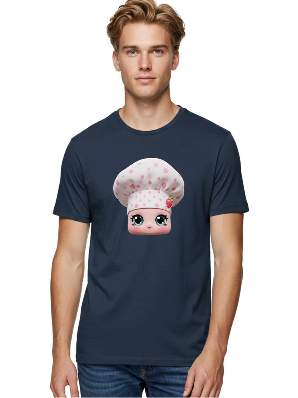 Strawberry-Chef-Head Men'S Graphic Tee, 100% Cotton, Comfortable Casual Summer Wear, Machine Washable, Cartoon Character, Chef Hat, Strawberry Decoration, Pink Polka Dots, Blue Eyes, Pastel Colors, Cute Face, Baking Theme, Sweet Treats, Bad739