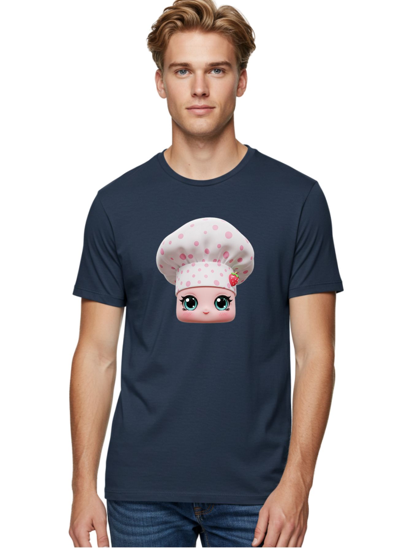 Strawberry-Chef-Head Men'S Graphic Tee, 100% Cotton, Comfortable Casual Summer Wear, Machine Washable, Cartoon Character, Chef Hat, Strawberry Decoration, Pink Polka Dots, Blue Eyes, Pastel Colors, Cute Face, Baking Theme, Sweet Treats, Bad739