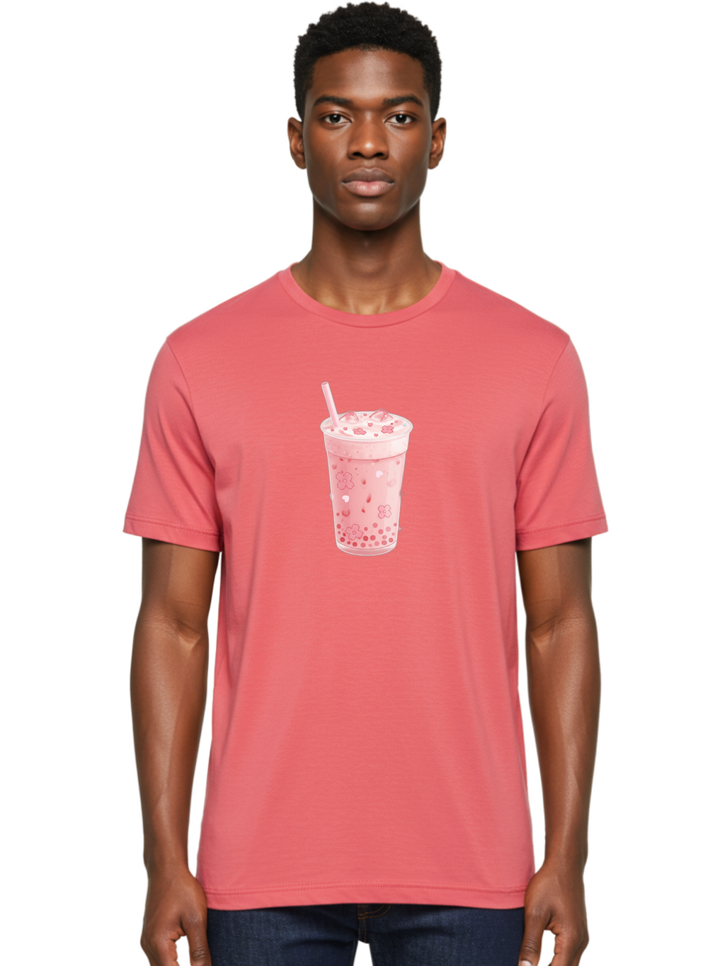 Strawberry-Milk-Tea Men'S Graphic Tee, 100% Cotton, Comfortable Casual Summer Wear, Machine Washable, Pink Milk Tea, Bubble Tea, Boba Drink, Iced Tea, Floral Design, Straw, Creamy Texture, Sweet Treat, Refreshing Beverage, Summer Drink Bad740