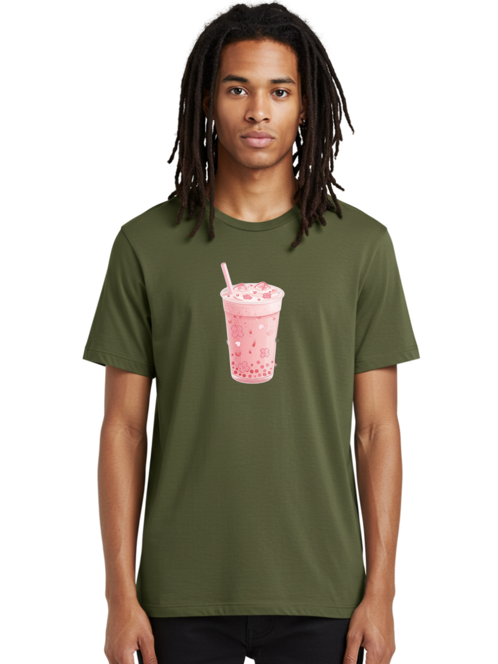 Strawberry-Milk-Tea Men'S Graphic Tee, 100% Cotton, Comfortable Casual Summer Wear, Machine Washable, Pink Milk Tea, Bubble Tea, Boba Drink, Iced Tea, Floral Design, Straw, Creamy Texture, Sweet Treat, Refreshing Beverage, Summer Drink Bad740