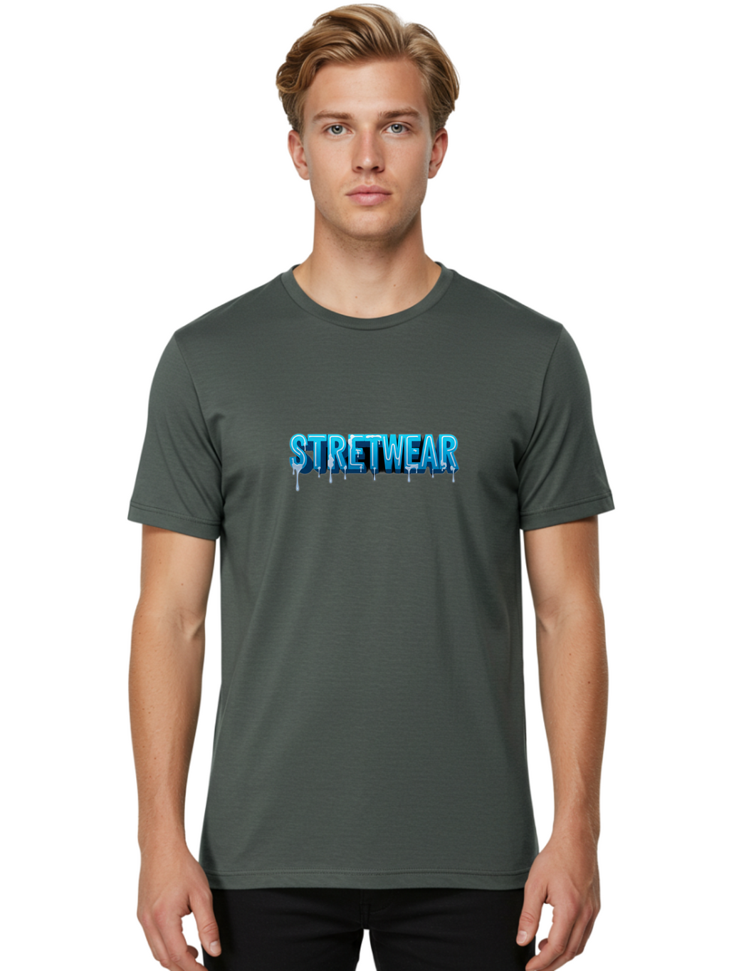Stretwear-1 Men'S Graphic Tee, 100% Cotton, Comfortable Casual Summer Wear, Machine Washable, Streetwear Fashion, Urban Style, Graffiti Art, Dripping Effect, 3D Text, Blue Font, Street Culture, Clothing Brand, Edgy Design Bad747