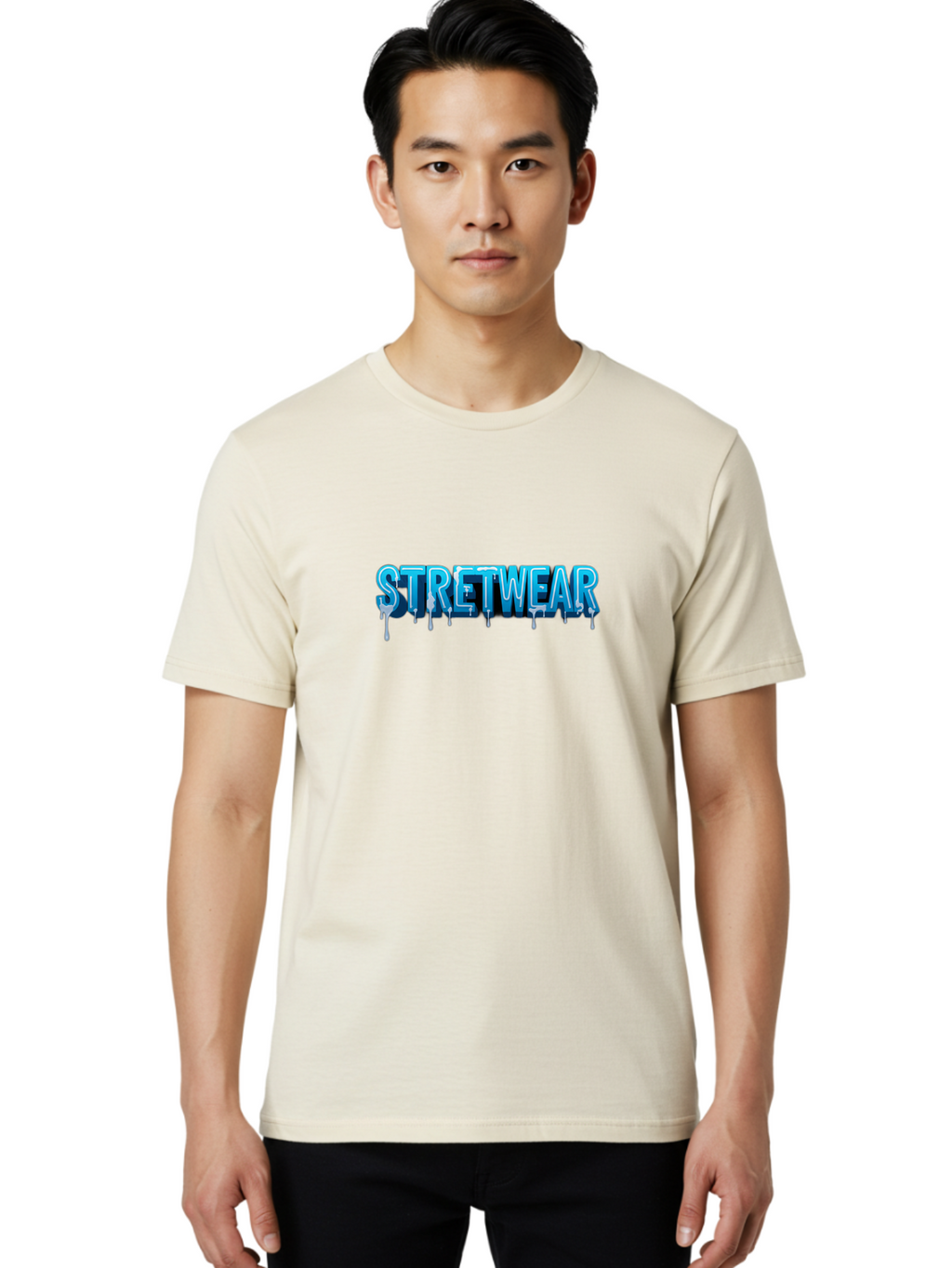 Stretwear-1 Men'S Graphic Tee, 100% Cotton, Comfortable Casual Summer Wear, Machine Washable, Streetwear Fashion, Urban Style, Graffiti Art, Dripping Effect, 3D Text, Blue Font, Street Culture, Clothing Brand, Edgy Design Bad747