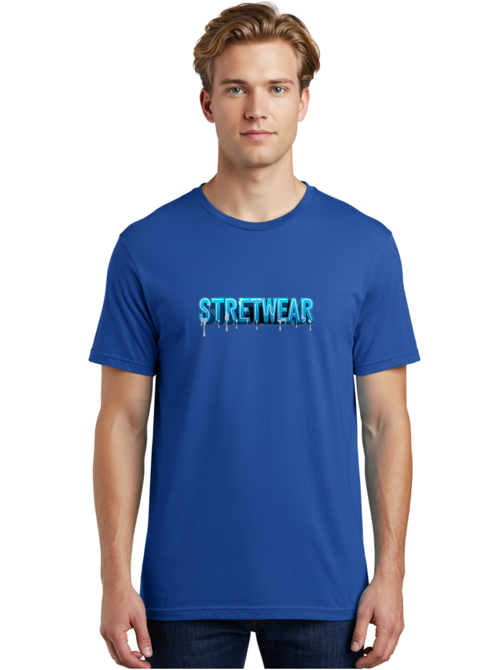 Stretwear-1 Men'S Graphic Tee, 100% Cotton, Comfortable Casual Summer Wear, Machine Washable, Streetwear Fashion, Urban Style, Graffiti Art, Dripping Effect, 3D Text, Blue Font, Street Culture, Clothing Brand, Edgy Design Bad747