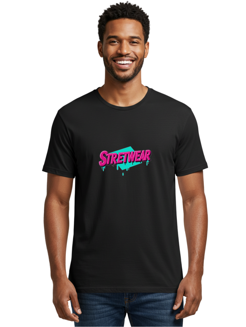 Stretwear-4 Men'S Graphic Tee, 100% Cotton, Comfortable Casual Summer Wear, Machine Washable, Streetwear Fashion, Urban Style, Bold Typography, Graffiti Art, Pink And Blue Colors, Edgy Design, Contemporary Fashion Trends, Stylish Clothing, Bad750