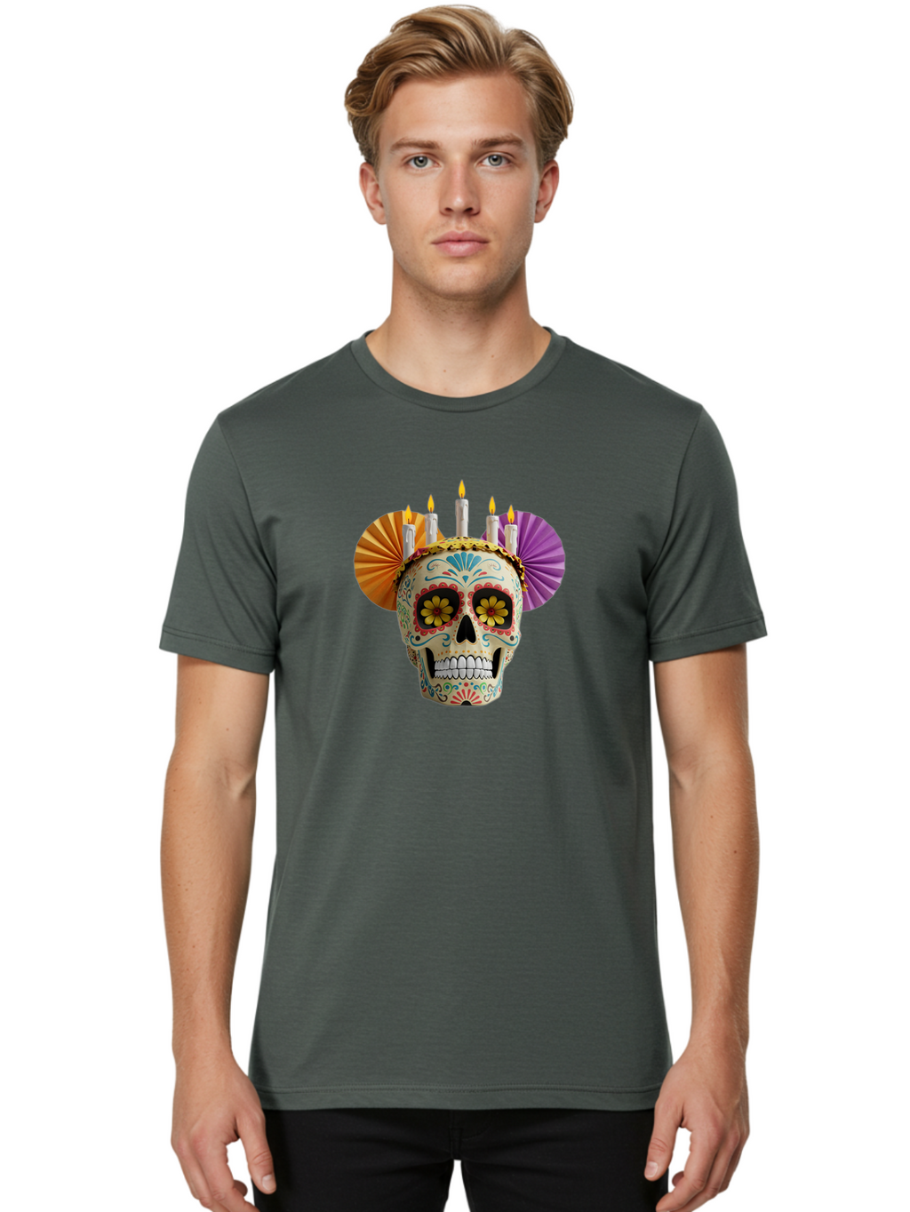 Sugar-Skull-11 Men'S Graphic Tee, 100% Cotton, Comfortable Casual Summer Wear, Machine Washable, Sugar Skull, Day Of The Dead, Vibrant Colors, Festive Decorations, Candles Lit, Flowers In Eyes, Traditional Mexican Art, Cultural Celebration, Bad760