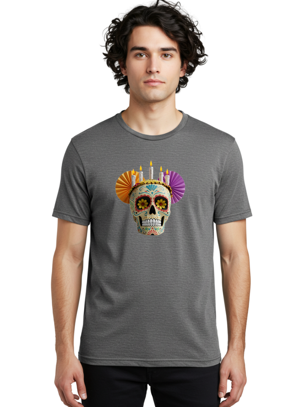 Sugar-Skull-11 Men'S Graphic Tee, 100% Cotton, Comfortable Casual Summer Wear, Machine Washable, Sugar Skull, Day Of The Dead, Vibrant Colors, Festive Decorations, Candles Lit, Flowers In Eyes, Traditional Mexican Art, Cultural Celebration, Bad760