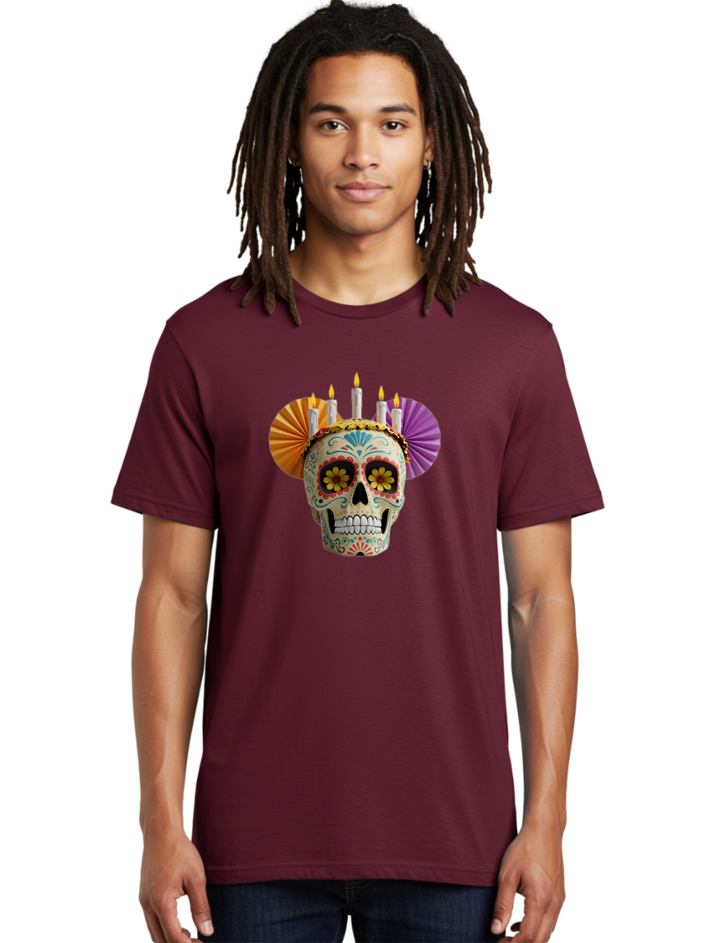 Sugar-Skull-11 Men'S Graphic Tee, 100% Cotton, Comfortable Casual Summer Wear, Machine Washable, Sugar Skull, Day Of The Dead, Vibrant Colors, Festive Decorations, Candles Lit, Flowers In Eyes, Traditional Mexican Art, Cultural Celebration, Bad760