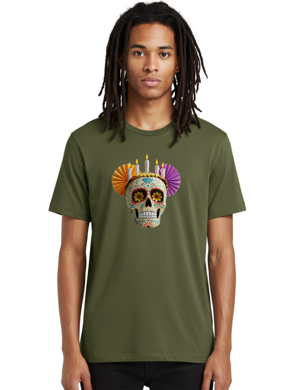 Sugar-Skull-11 Men'S Graphic Tee, 100% Cotton, Comfortable Casual Summer Wear, Machine Washable, Sugar Skull, Day Of The Dead, Vibrant Colors, Festive Decorations, Candles Lit, Flowers In Eyes, Traditional Mexican Art, Cultural Celebration, Bad760