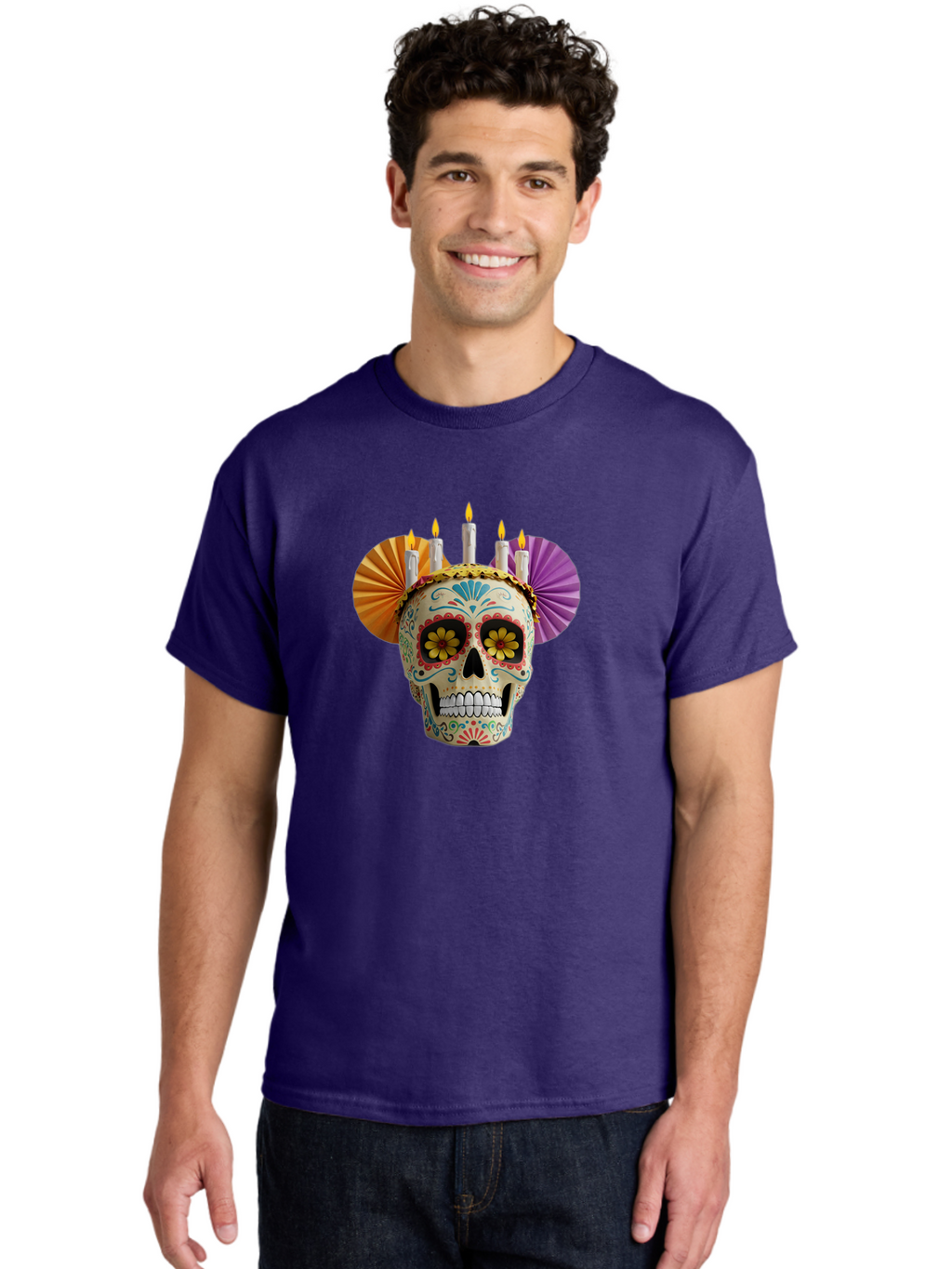 Sugar-Skull-11 Men'S Graphic Tee, 100% Cotton, Comfortable Casual Summer Wear, Machine Washable, Sugar Skull, Day Of The Dead, Vibrant Colors, Festive Decorations, Candles Lit, Flowers In Eyes, Traditional Mexican Art, Cultural Celebration, Bad760