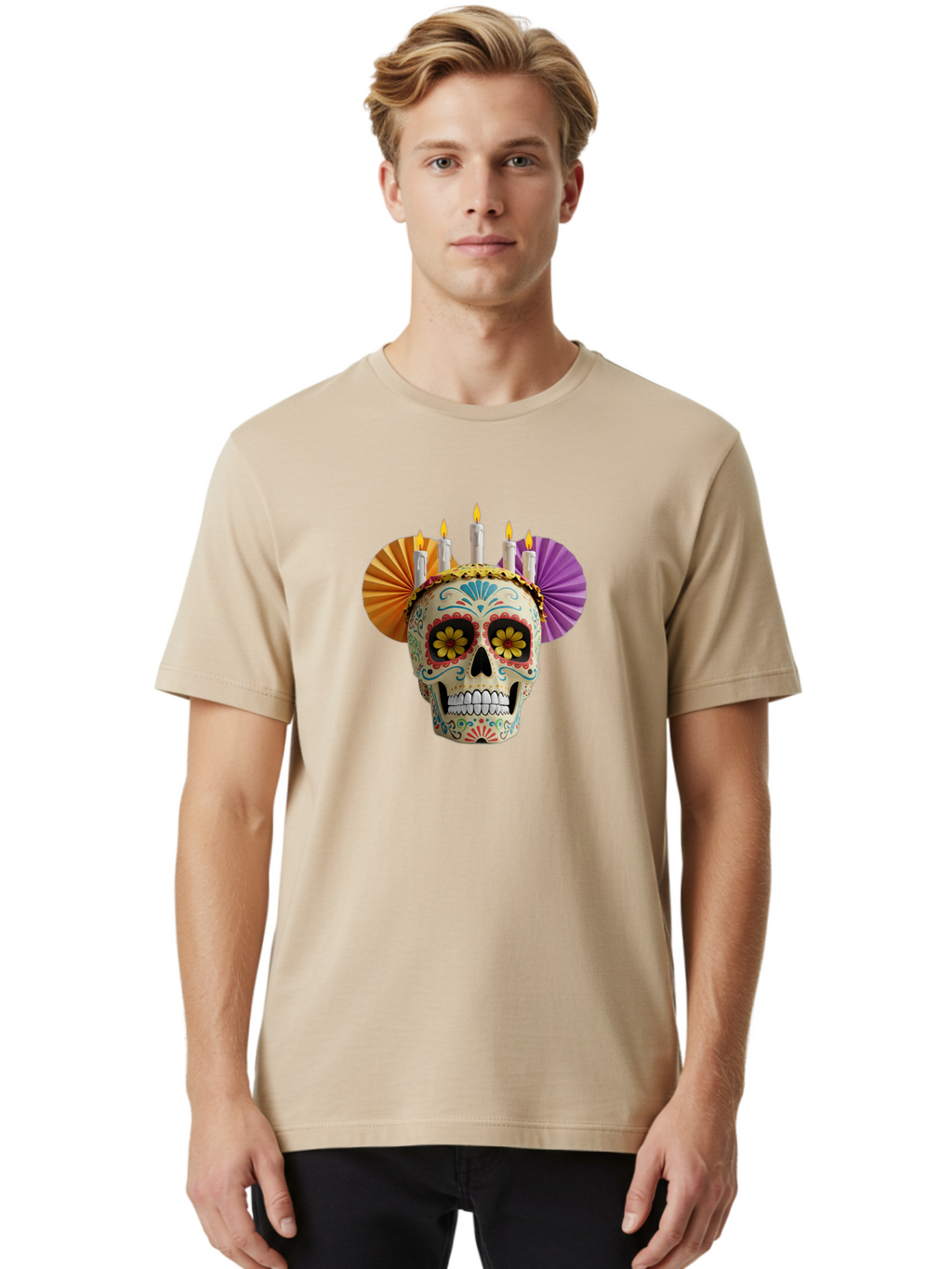 Sugar-Skull-11 Men'S Graphic Tee, 100% Cotton, Comfortable Casual Summer Wear, Machine Washable, Sugar Skull, Day Of The Dead, Vibrant Colors, Festive Decorations, Candles Lit, Flowers In Eyes, Traditional Mexican Art, Cultural Celebration, Bad760