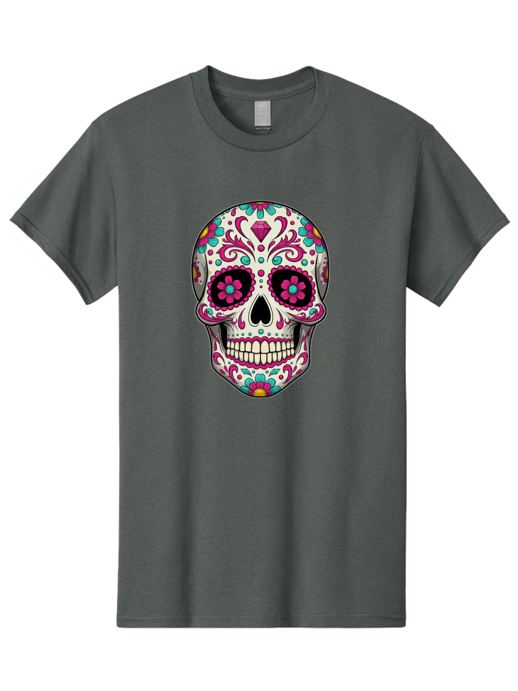 Sugar-Skull-13 Men'S Graphic Tee, 100% Cotton, Comfortable Casual Summer Wear, Machine Washable, Sugar Skull, Day Of The Dead, Colorful Skull, Floral Patterns, Vibrant Designs, Pink And Blue Flowers, Decorative Skull, Mexican Culture, Bad762
