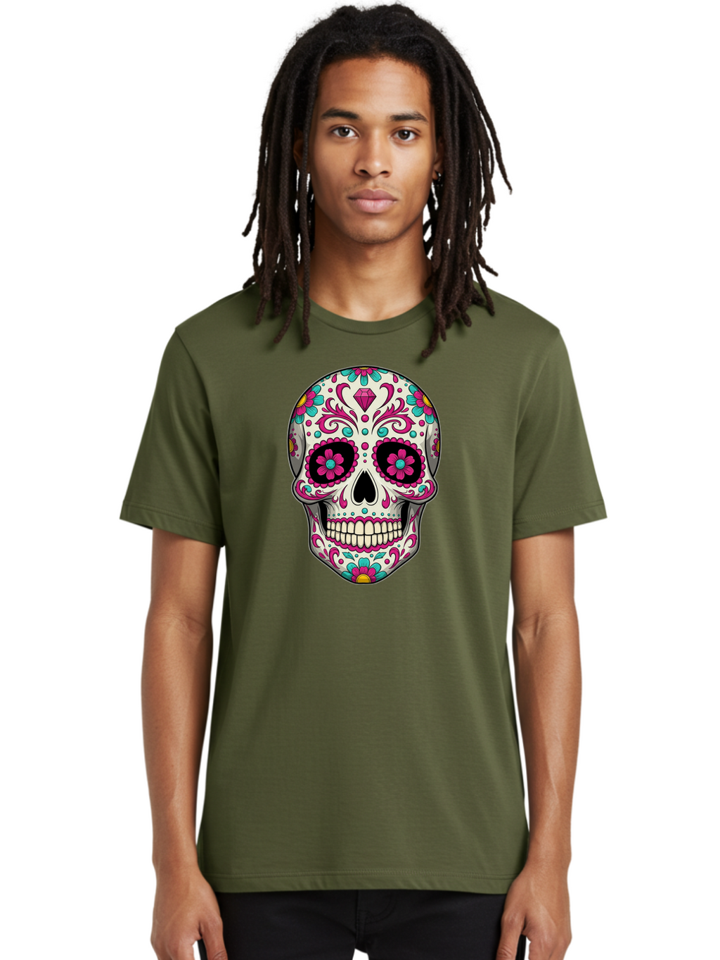 Sugar-Skull-13 Men'S Graphic Tee, 100% Cotton, Comfortable Casual Summer Wear, Machine Washable, Sugar Skull, Day Of The Dead, Colorful Skull, Floral Patterns, Vibrant Designs, Pink And Blue Flowers, Decorative Skull, Mexican Culture, Bad762