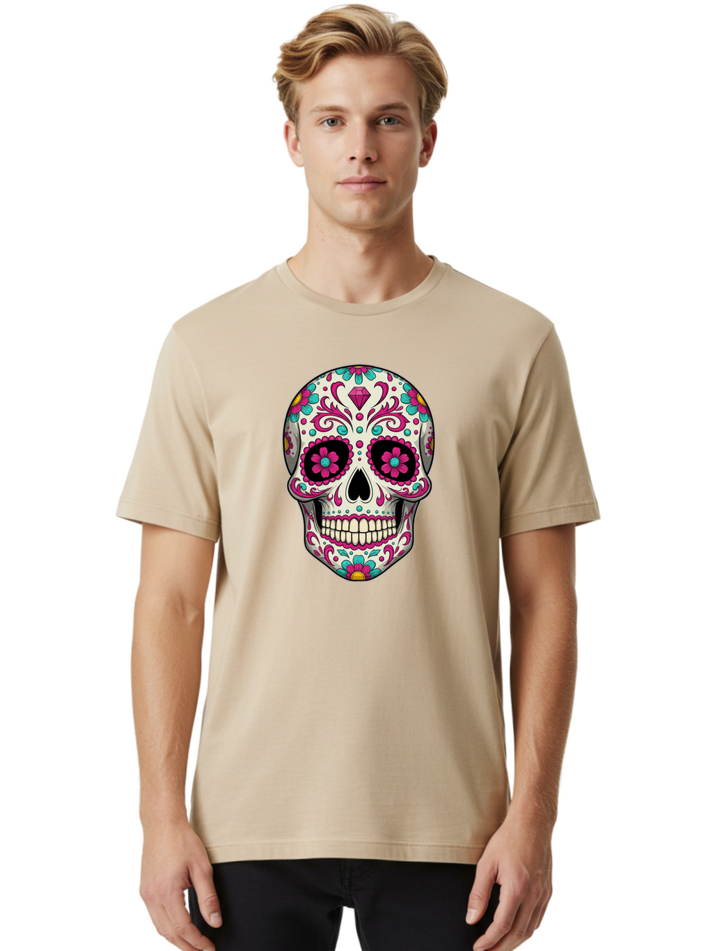 Sugar-Skull-13 Men'S Graphic Tee, 100% Cotton, Comfortable Casual Summer Wear, Machine Washable, Sugar Skull, Day Of The Dead, Colorful Skull, Floral Patterns, Vibrant Designs, Pink And Blue Flowers, Decorative Skull, Mexican Culture, Bad762