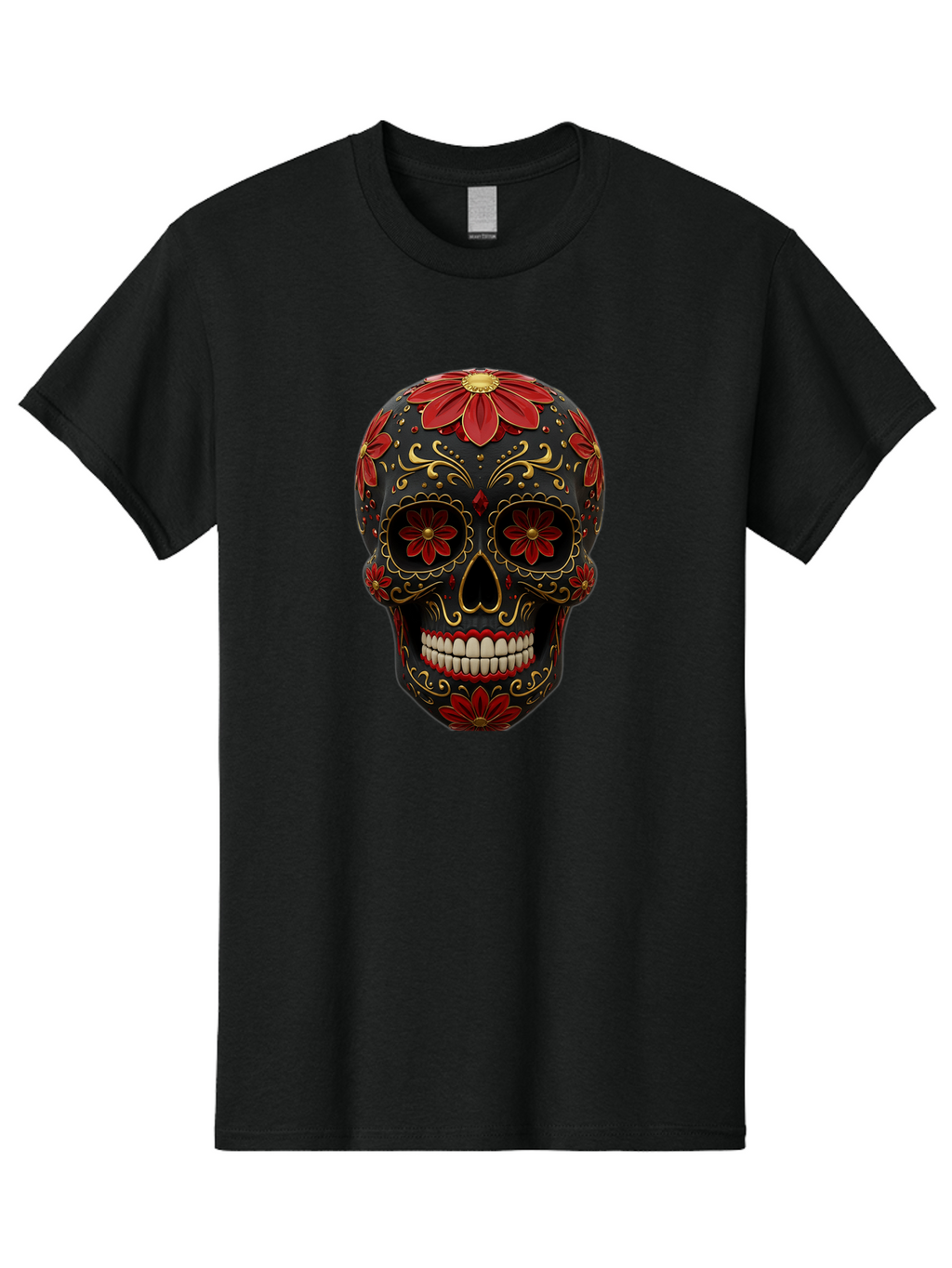 Sugar-Skull-14 Men'S Graphic Tee, 100% Cotton, Comfortable Casual Summer Wear, Machine Washable, Sugar Skull, Day Of The Dead, Floral Designs, Skull Art, Mexican Culture, Gold Filigree, Red Flowers, Black Skull, Decorative Skull, Bad763
