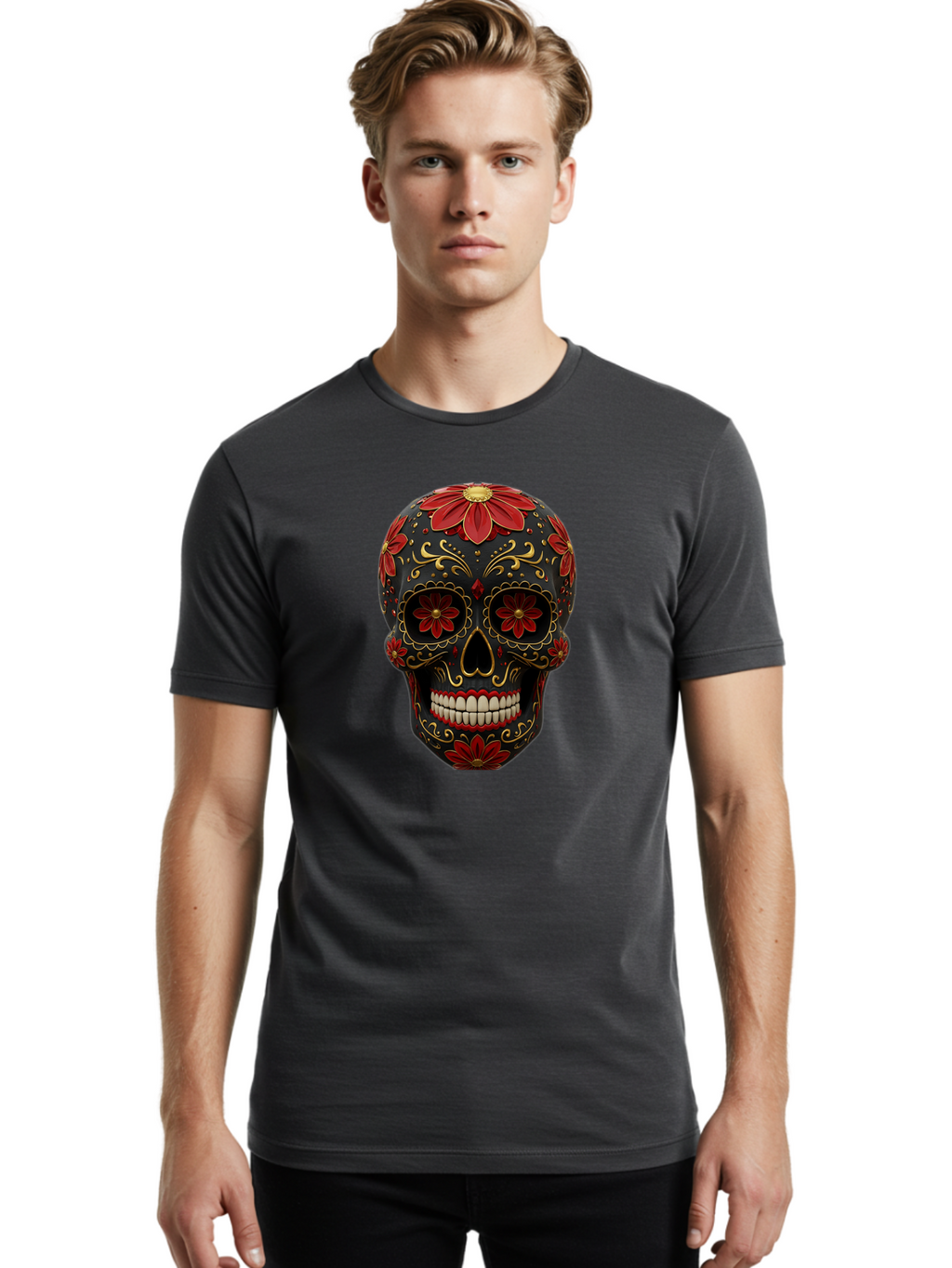 Sugar-Skull-14 Men'S Graphic Tee, 100% Cotton, Comfortable Casual Summer Wear, Machine Washable, Sugar Skull, Day Of The Dead, Floral Designs, Skull Art, Mexican Culture, Gold Filigree, Red Flowers, Black Skull, Decorative Skull, Bad763