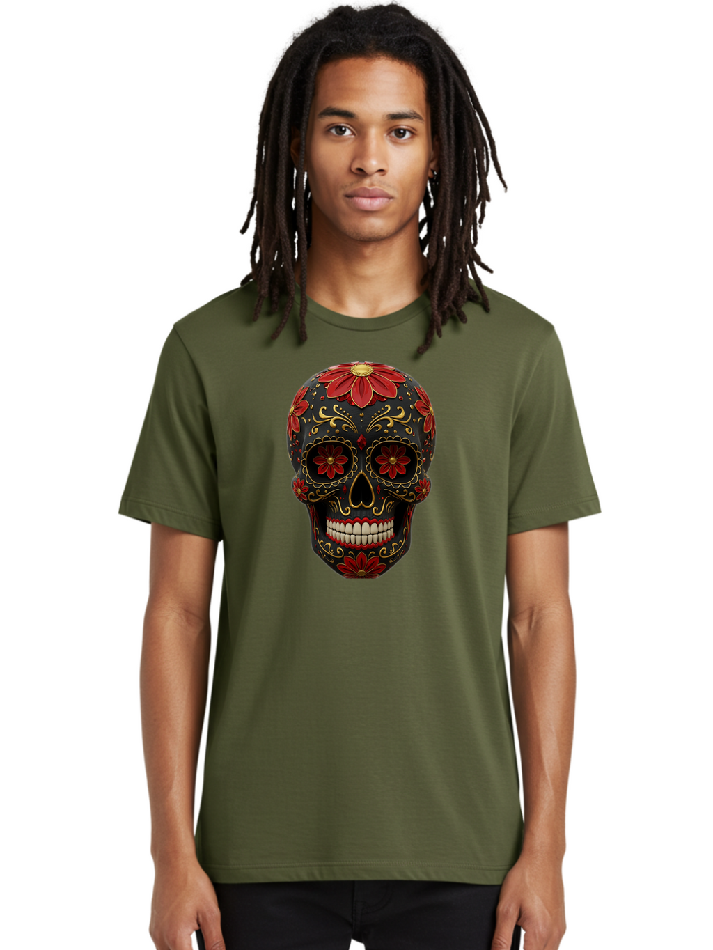 Sugar-Skull-14 Men'S Graphic Tee, 100% Cotton, Comfortable Casual Summer Wear, Machine Washable, Sugar Skull, Day Of The Dead, Floral Designs, Skull Art, Mexican Culture, Gold Filigree, Red Flowers, Black Skull, Decorative Skull, Bad763