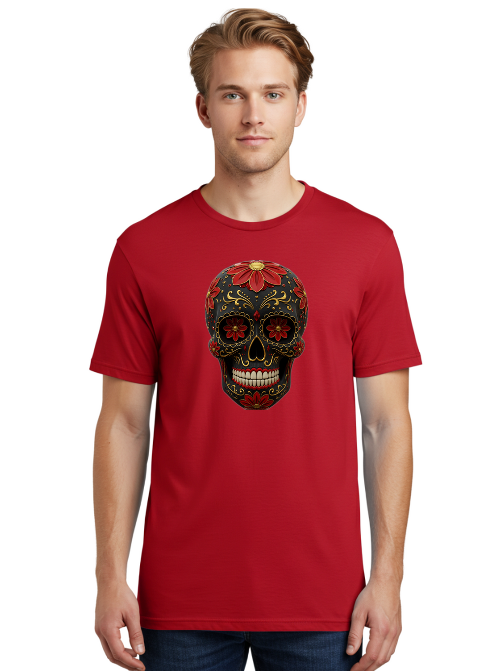 Sugar-Skull-14 Men'S Graphic Tee, 100% Cotton, Comfortable Casual Summer Wear, Machine Washable, Sugar Skull, Day Of The Dead, Floral Designs, Skull Art, Mexican Culture, Gold Filigree, Red Flowers, Black Skull, Decorative Skull, Bad763