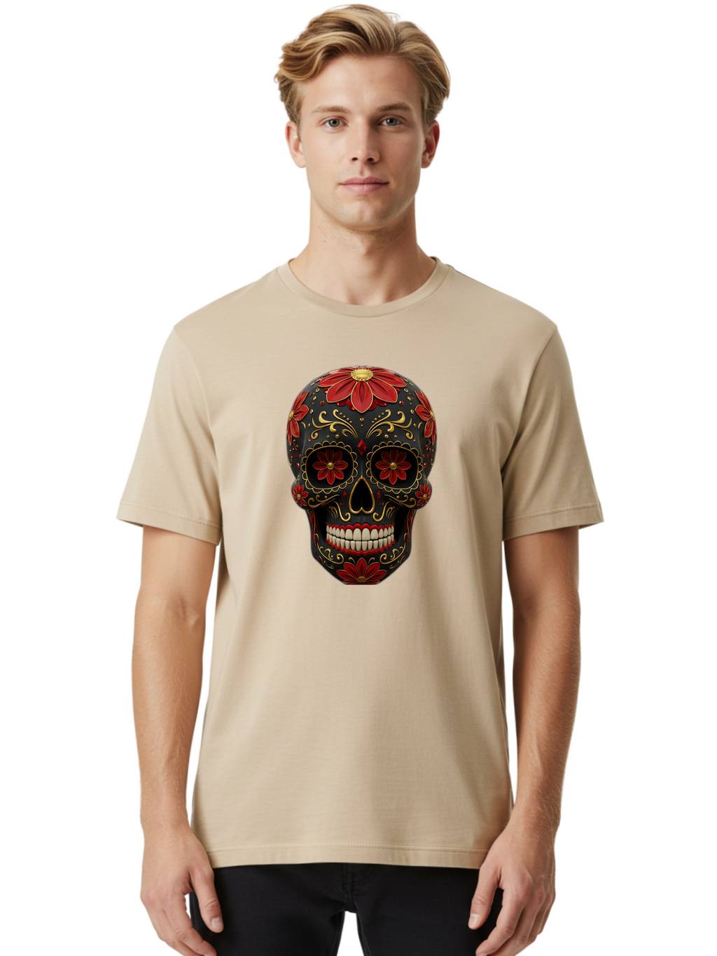 Sugar-Skull-14 Men'S Graphic Tee, 100% Cotton, Comfortable Casual Summer Wear, Machine Washable, Sugar Skull, Day Of The Dead, Floral Designs, Skull Art, Mexican Culture, Gold Filigree, Red Flowers, Black Skull, Decorative Skull, Bad763
