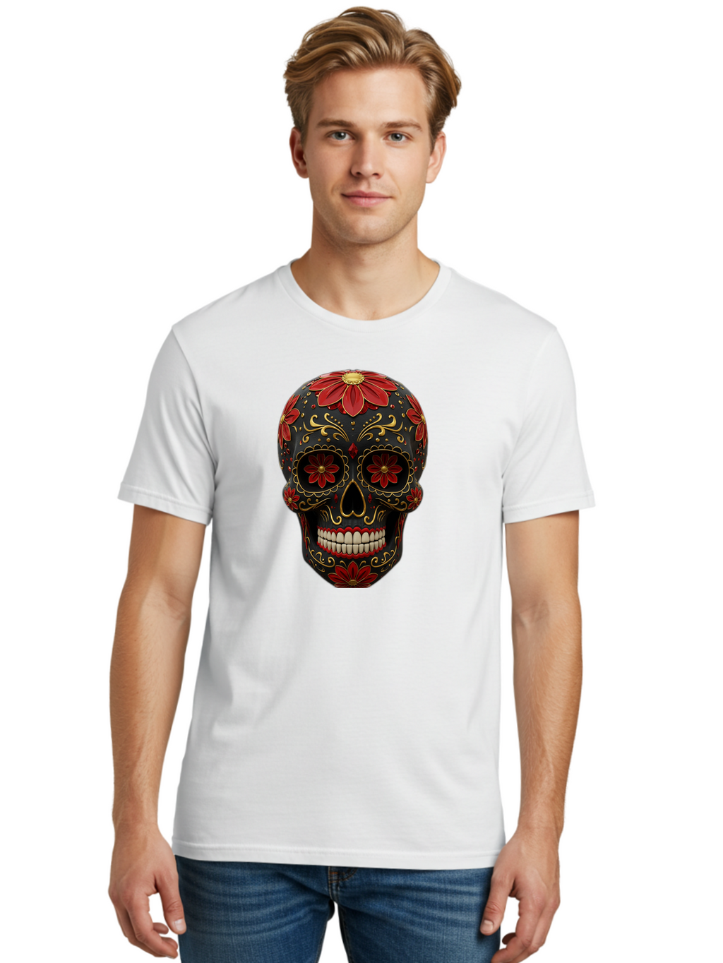 Sugar-Skull-14 Men'S Graphic Tee, 100% Cotton, Comfortable Casual Summer Wear, Machine Washable, Sugar Skull, Day Of The Dead, Floral Designs, Skull Art, Mexican Culture, Gold Filigree, Red Flowers, Black Skull, Decorative Skull, Bad763