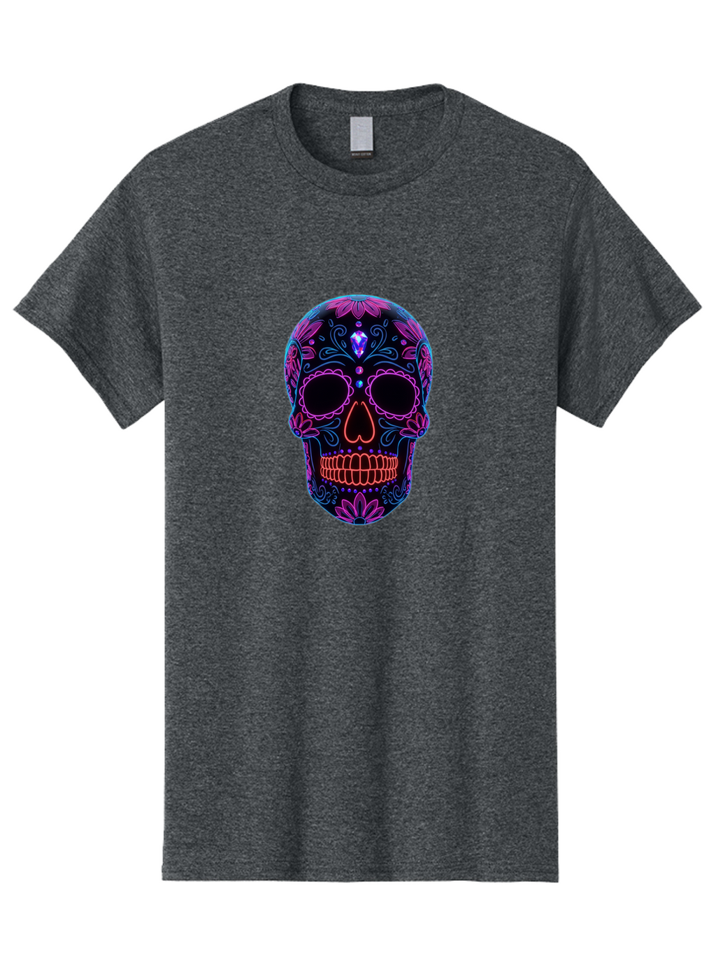 Sugar-Skull-16 Men'S Graphic Tee, 100% Cotton, Comfortable Casual Summer Wear, Machine Washable, Sugar Skull Design, Day Of The Dead, Neon Lights, Floral Patterns, Vibrant Colors, Mexican Culture, Gothic Style, Gemstone Decoration, Bad765