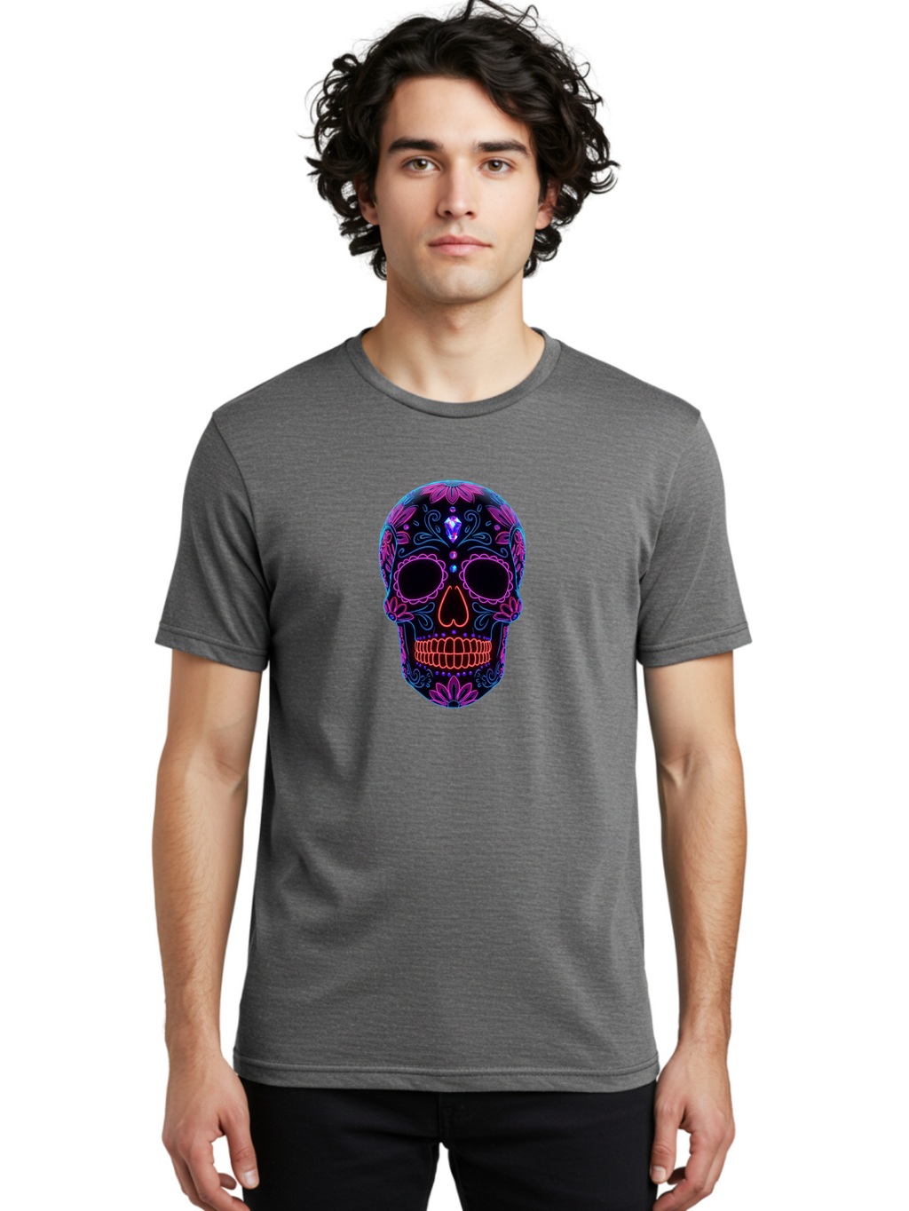 Sugar-Skull-16 Men'S Graphic Tee, 100% Cotton, Comfortable Casual Summer Wear, Machine Washable, Sugar Skull Design, Day Of The Dead, Neon Lights, Floral Patterns, Vibrant Colors, Mexican Culture, Gothic Style, Gemstone Decoration, Bad765