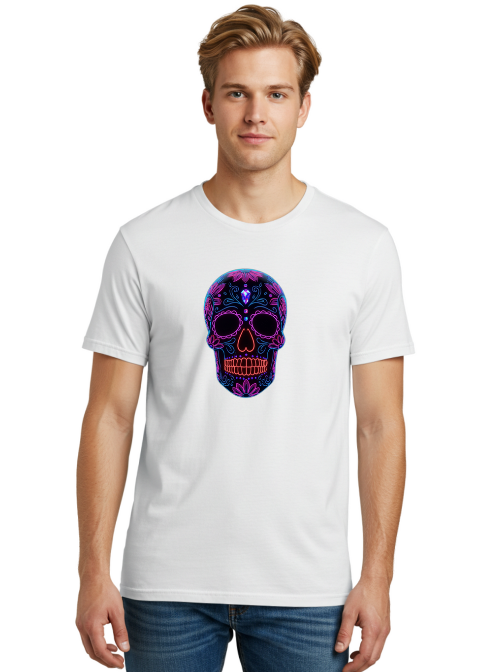 Sugar-Skull-16 Men'S Graphic Tee, 100% Cotton, Comfortable Casual Summer Wear, Machine Washable, Sugar Skull Design, Day Of The Dead, Neon Lights, Floral Patterns, Vibrant Colors, Mexican Culture, Gothic Style, Gemstone Decoration, Bad765