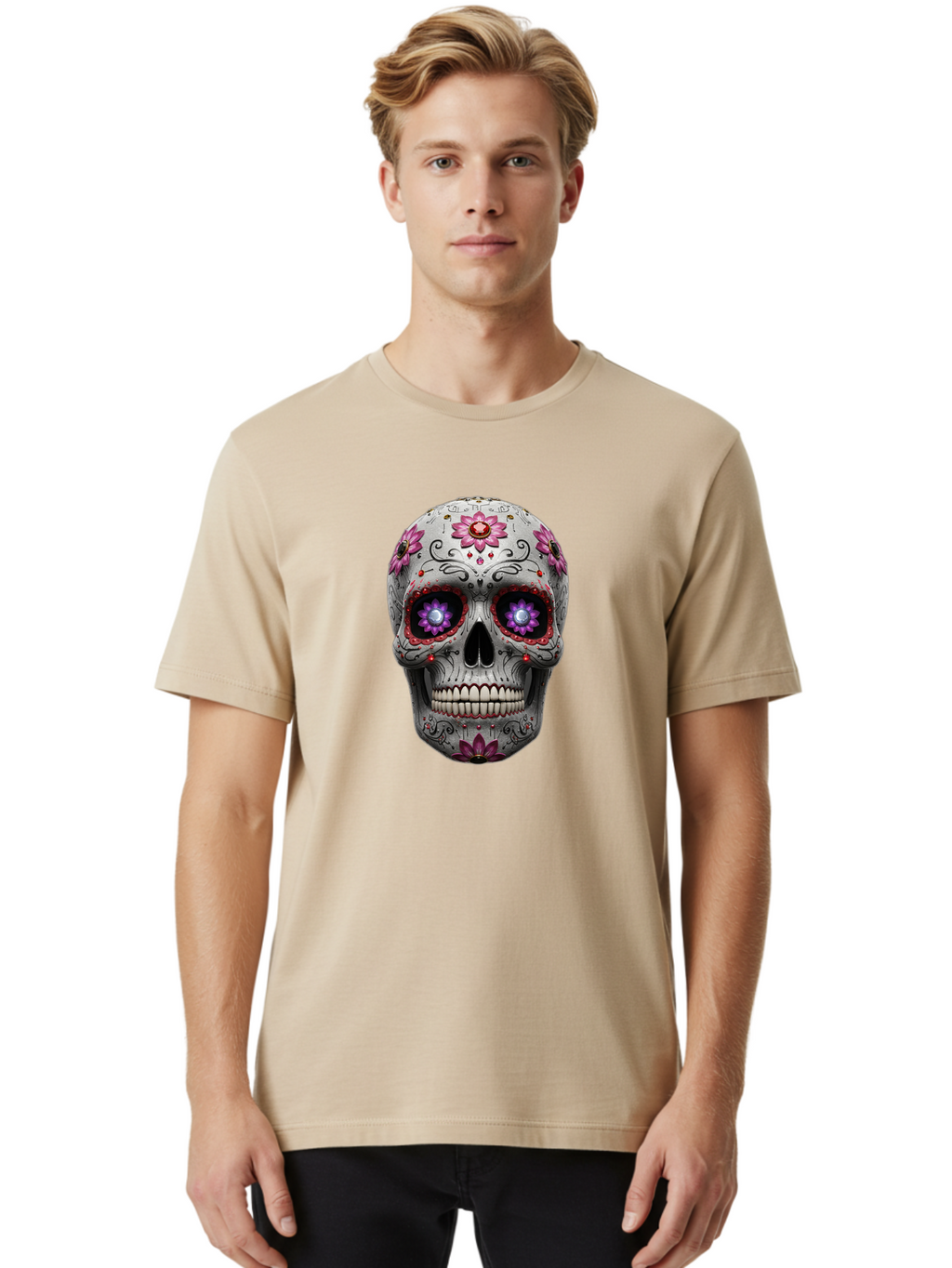 Sugar-Skull-17 Men'S Graphic Tee, 100% Cotton, Comfortable Casual Summer Wear, Machine Washable, Sugar Skull, Day Of The Dead, Skull Art, Floral Designs, Vibrant Colors, Intricate Patterns, Gothic Style, Mystical Symbols, Jewelry Designs, Bad766