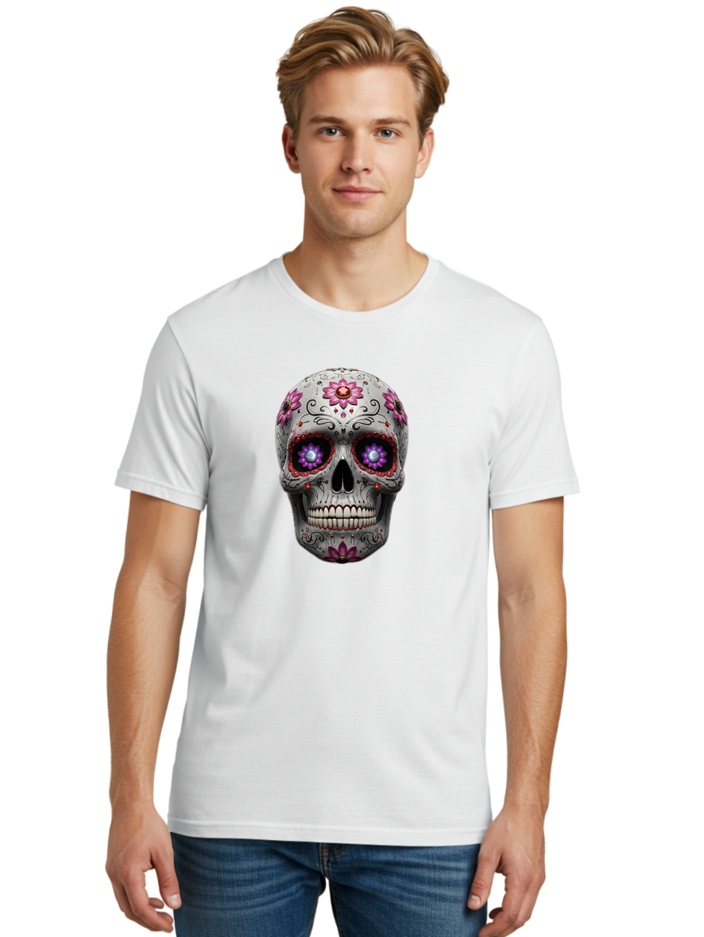 Sugar-Skull-17 Men'S Graphic Tee, 100% Cotton, Comfortable Casual Summer Wear, Machine Washable, Sugar Skull, Day Of The Dead, Skull Art, Floral Designs, Vibrant Colors, Intricate Patterns, Gothic Style, Mystical Symbols, Jewelry Designs, Bad766