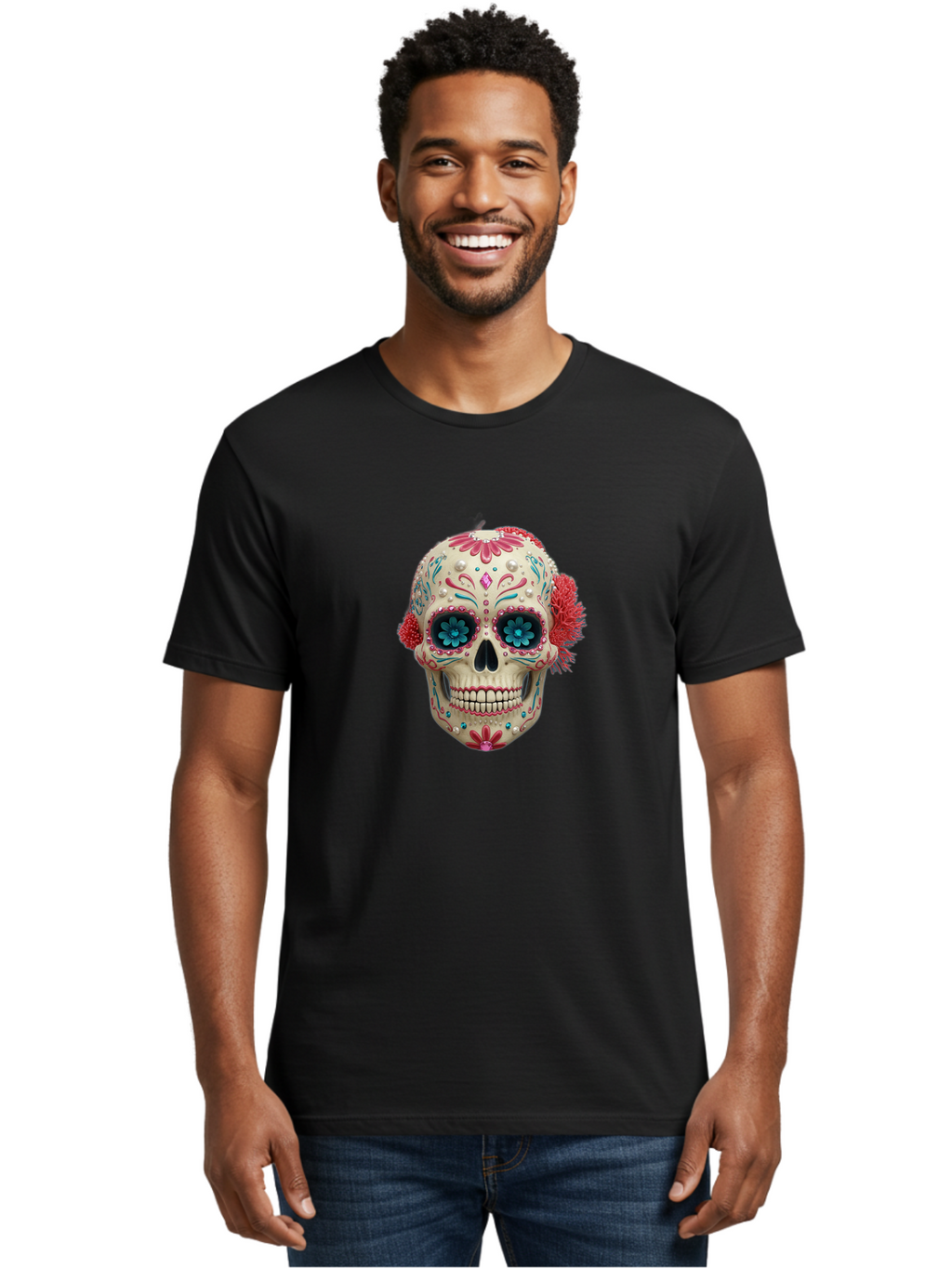 Sugar-Skull-18 Men'S Graphic Tee, 100% Cotton, Comfortable Casual Summer Wear, Machine Washable, Sugar Skull, Dia De Los Muertos, Vibrant Flowers, Colorful Decorations, Festive Atmosphere, Mexican Culture, Ornate Design, Floral Patterns, Bad767