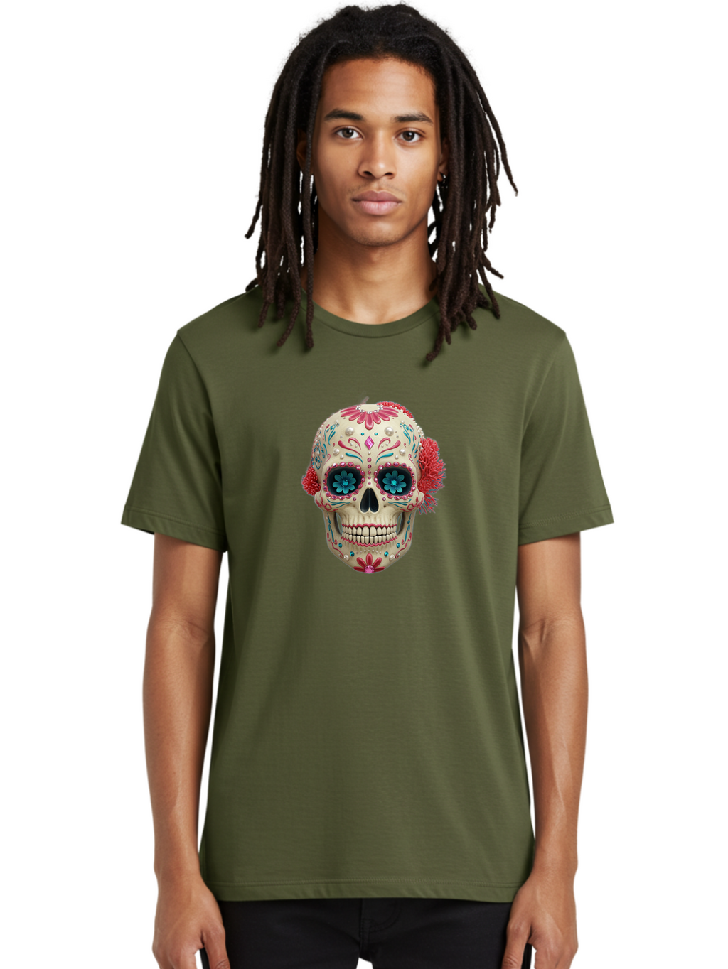 Sugar-Skull-18 Men'S Graphic Tee, 100% Cotton, Comfortable Casual Summer Wear, Machine Washable, Sugar Skull, Dia De Los Muertos, Vibrant Flowers, Colorful Decorations, Festive Atmosphere, Mexican Culture, Ornate Design, Floral Patterns, Bad767